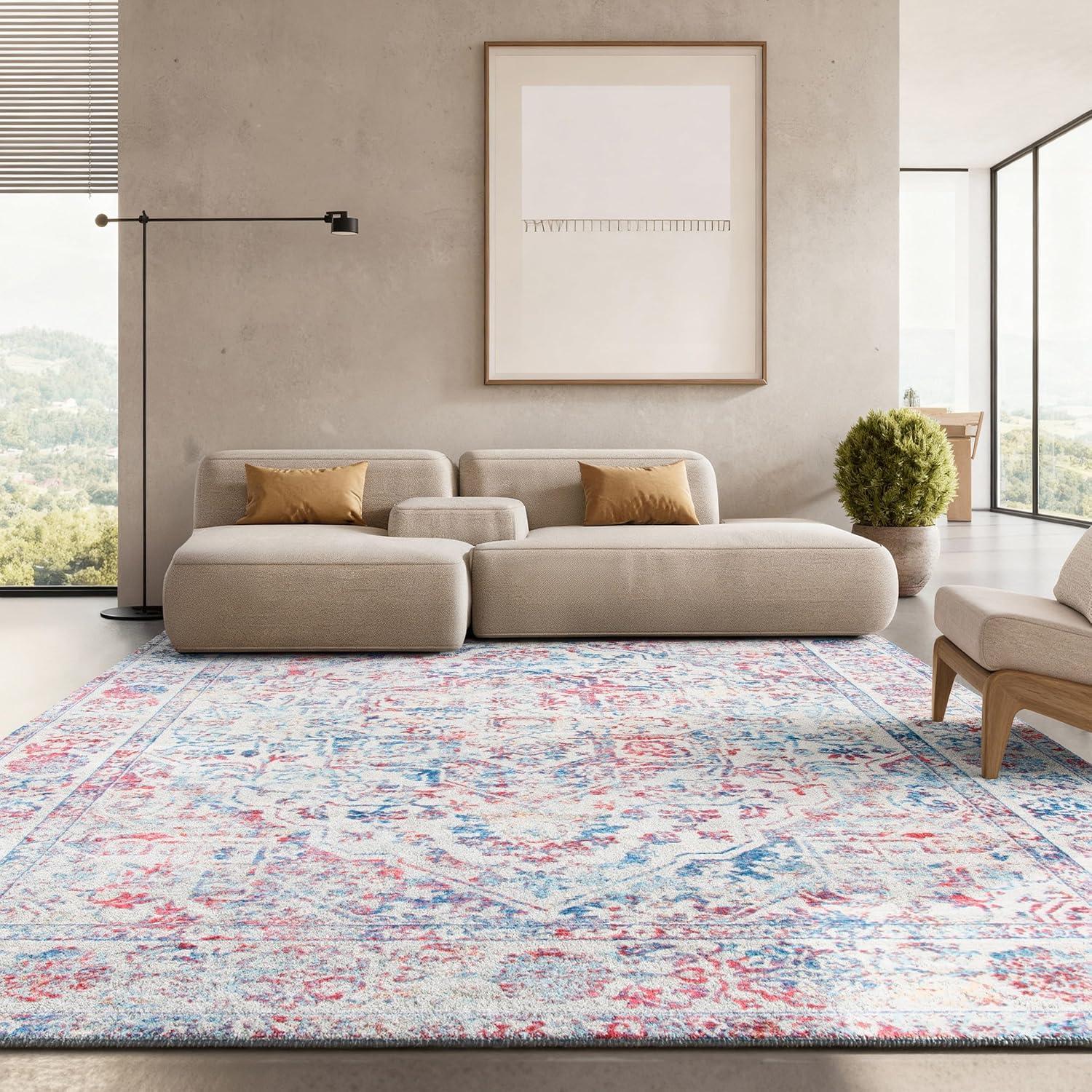 image:imageSAFAVIEH Brentwood Collection Area Rug 8 x 10 Navy amp Light Grey Medallion Distressed Design NonShedding amp Easy Care Ideal for High Traffic Areas in Living Room Bedroom BNT832MIvoryBlue
