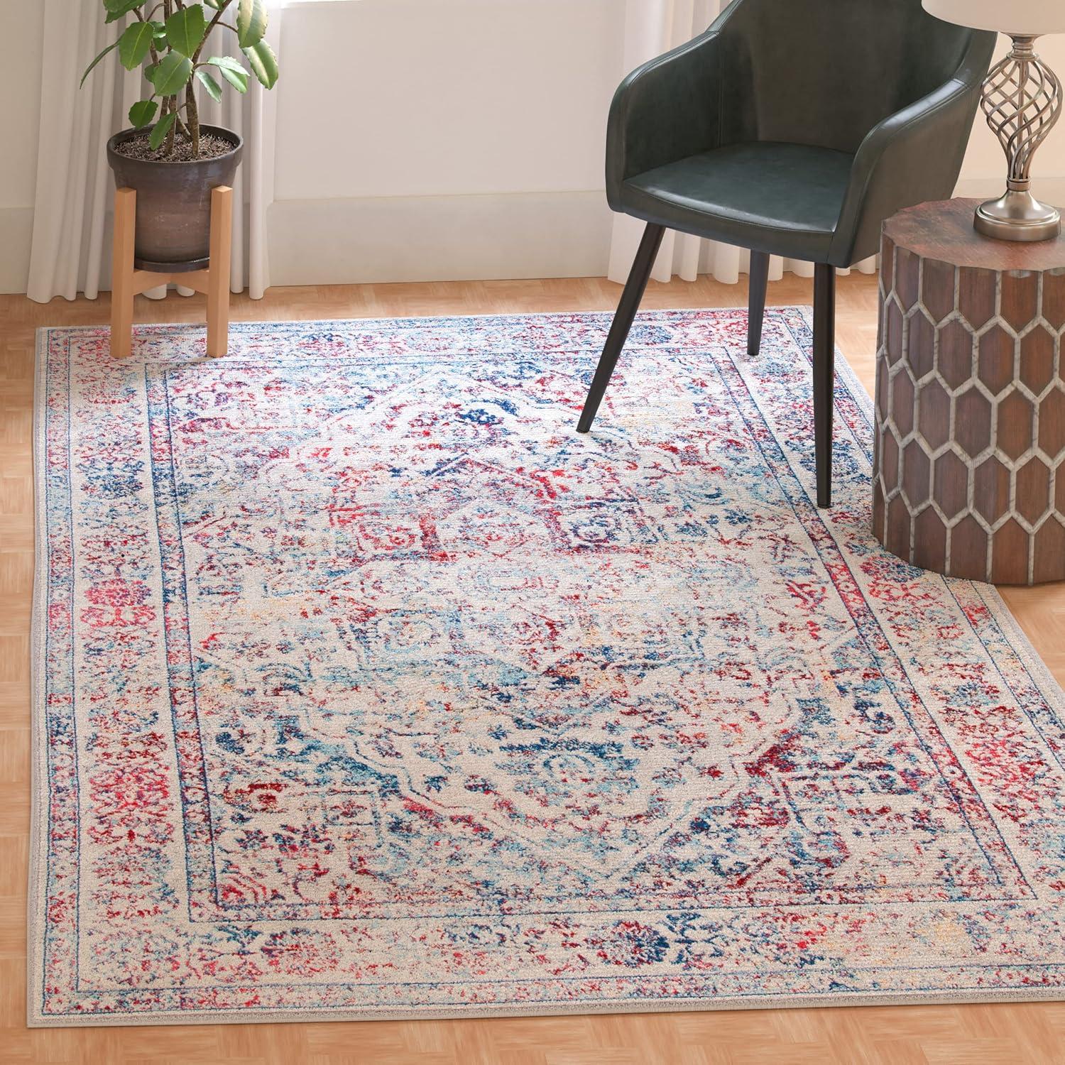 image:imageSAFAVIEH Brentwood Collection Area Rug 8 x 10 Navy amp Light Grey Medallion Distressed Design NonShedding amp Easy Care Ideal for High Traffic Areas in Living Room Bedroom BNT832MIvoryBlue