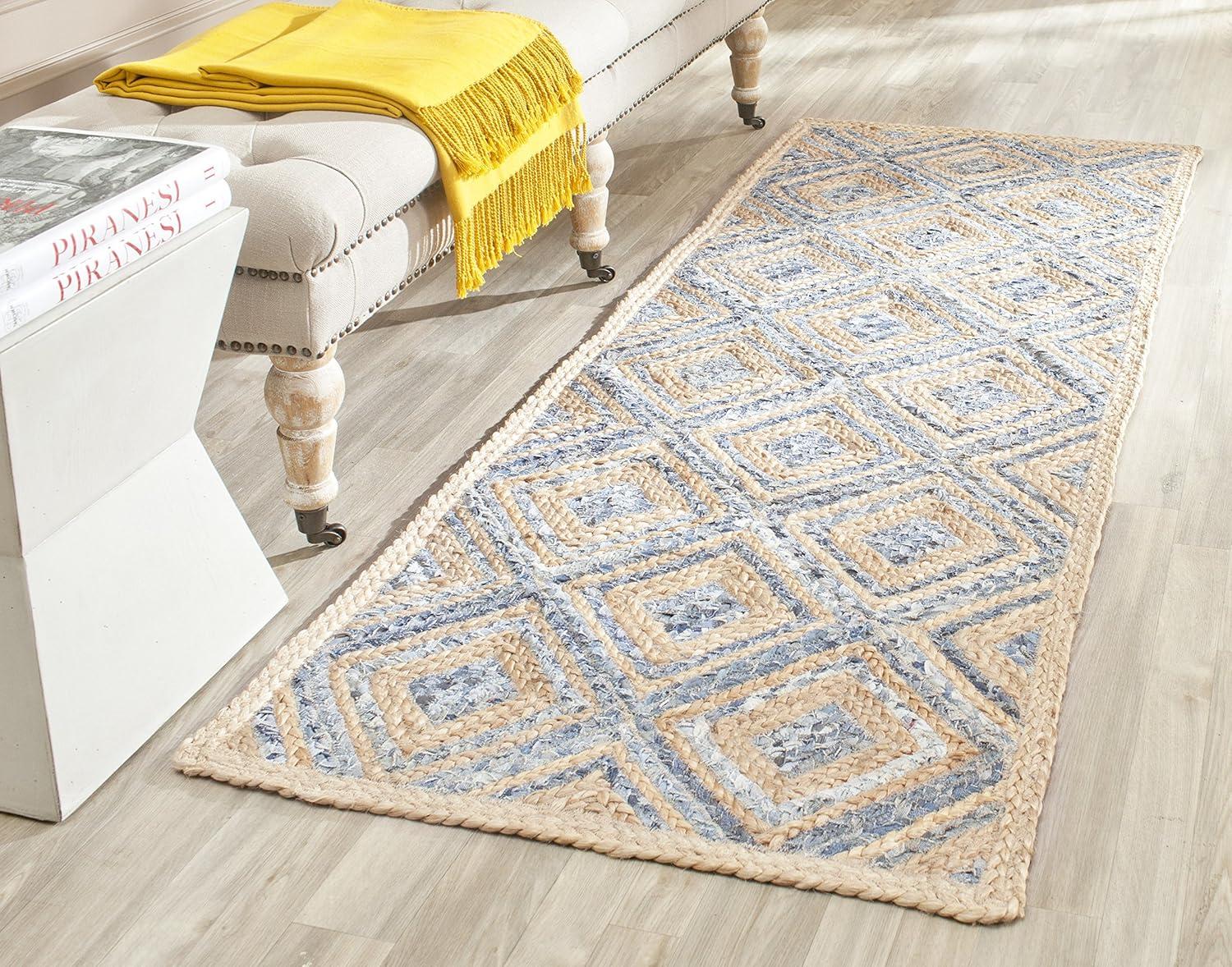 image:imageSAFAVIEH Cape Cod Collection Area Rug 8 Square Natural amp Blue Handmade Flat Weave Diamond Braided Jute amp Denim Ideal for High Traffic Areas in Living Room Bedroom CAP354ANaturalBlue