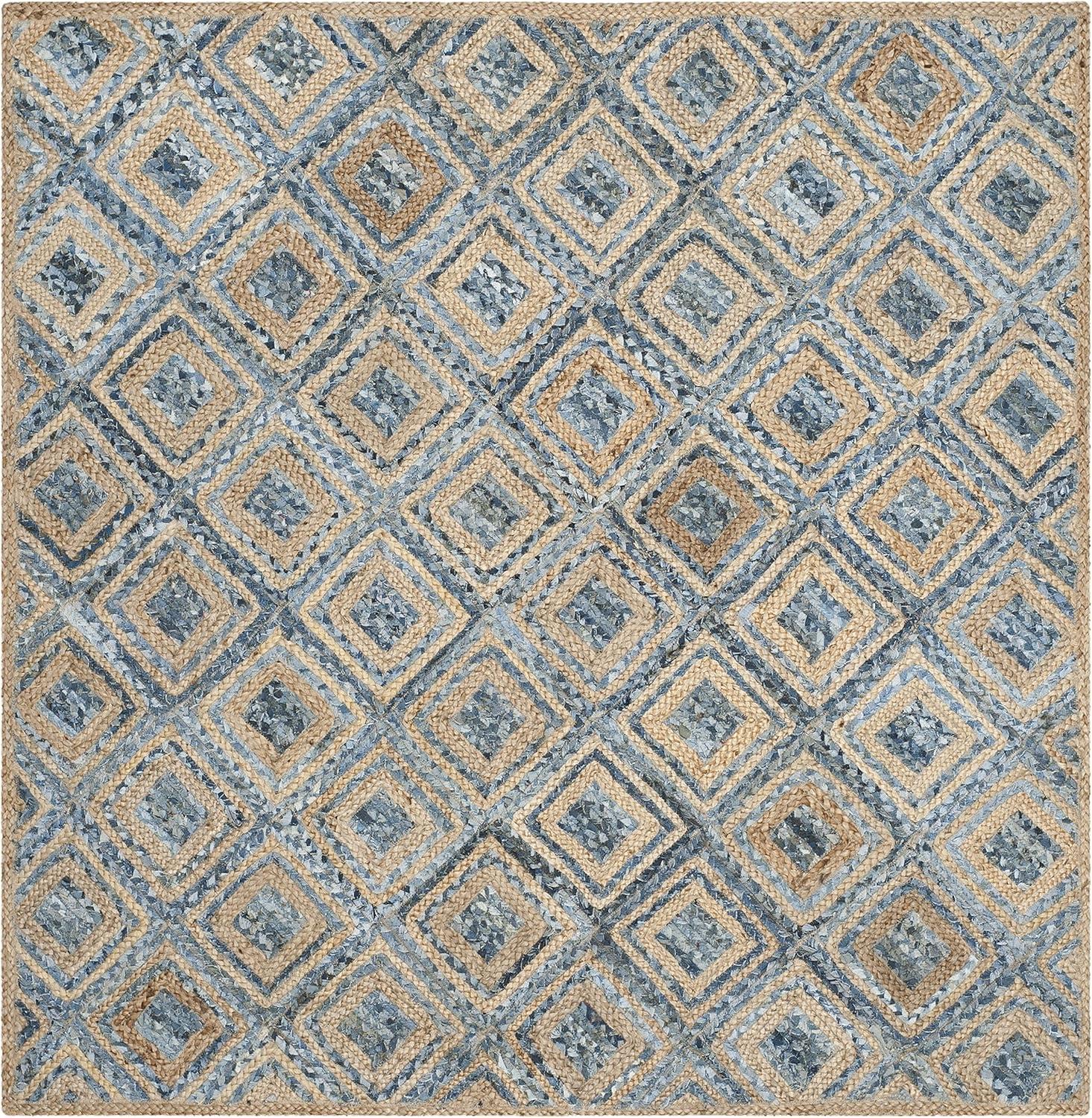image:imageSAFAVIEH Cape Cod Collection Area Rug 8 Square Natural amp Blue Handmade Flat Weave Diamond Braided Jute amp Denim Ideal for High Traffic Areas in Living Room Bedroom CAP354ANaturalBlue