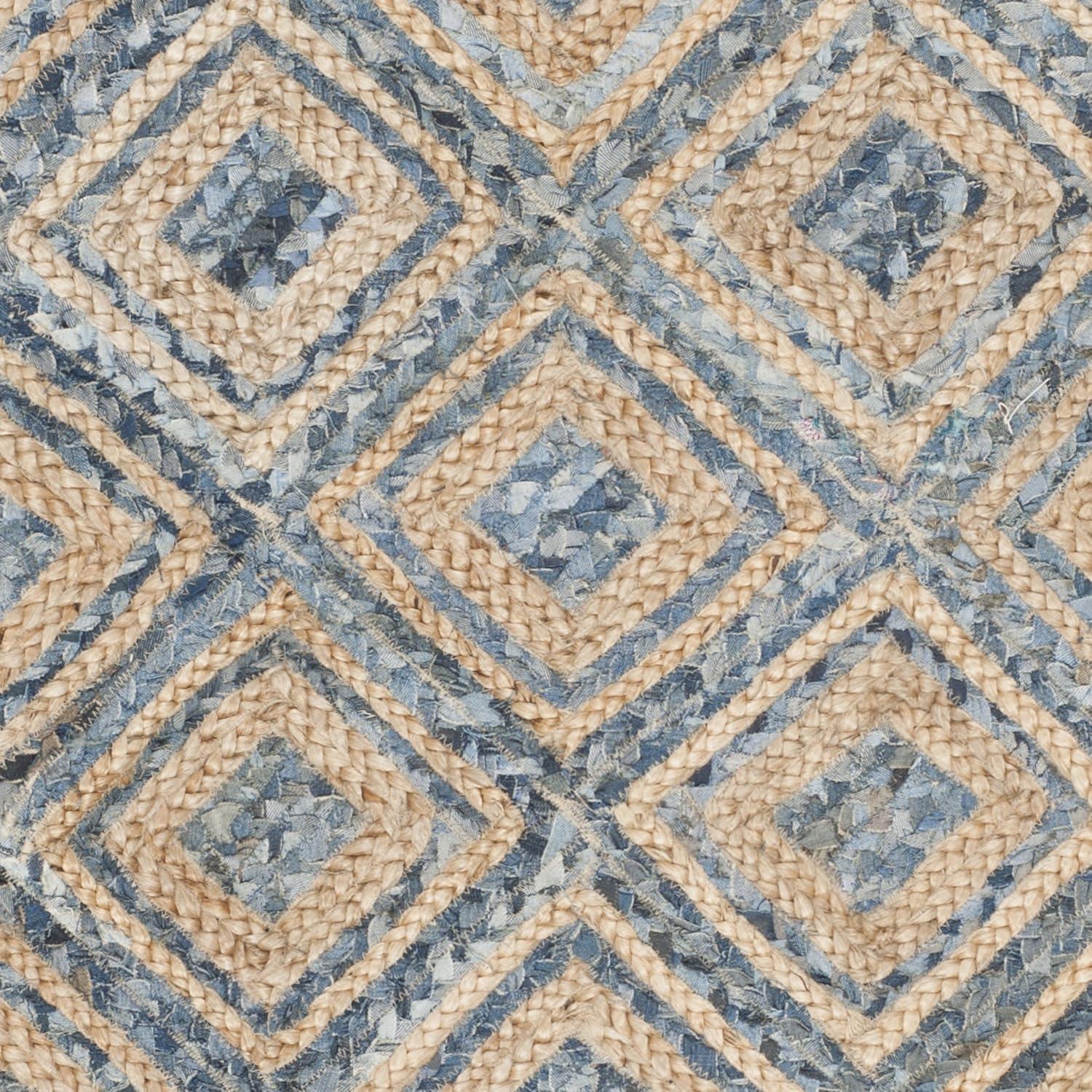 image:imageSAFAVIEH Cape Cod Collection Area Rug 8 Square Natural amp Blue Handmade Flat Weave Diamond Braided Jute amp Denim Ideal for High Traffic Areas in Living Room Bedroom CAP354ANaturalBlue