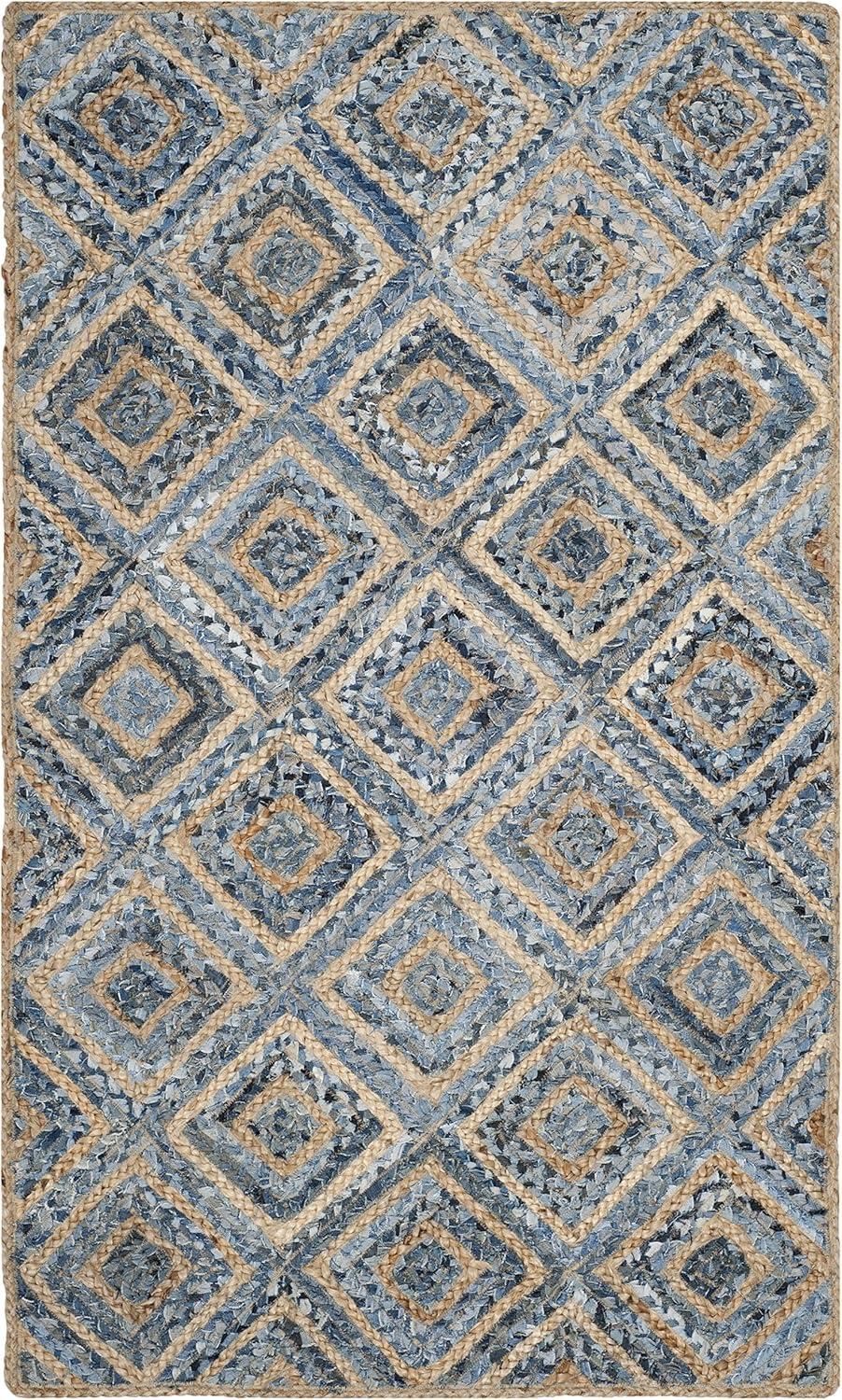 image:imageSAFAVIEH Cape Cod Collection Area Rug 8 Square Natural amp Blue Handmade Flat Weave Diamond Braided Jute amp Denim Ideal for High Traffic Areas in Living Room Bedroom CAP354ANaturalBlue