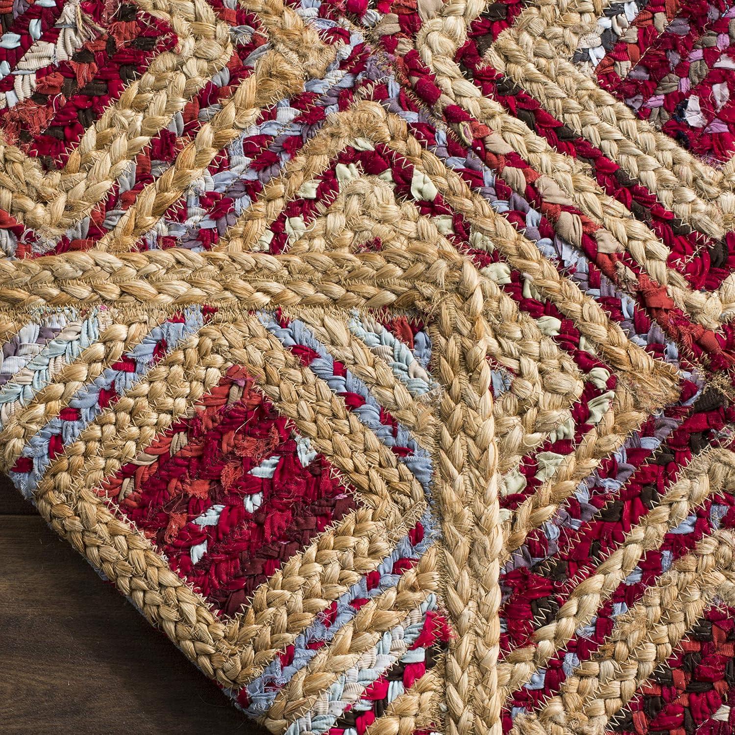 image:imageSAFAVIEH Cape Cod Collection Area Rug 8 Square Natural amp Blue Handmade Flat Weave Diamond Braided Jute amp Denim Ideal for High Traffic Areas in Living Room Bedroom CAP354ANaturalRed
