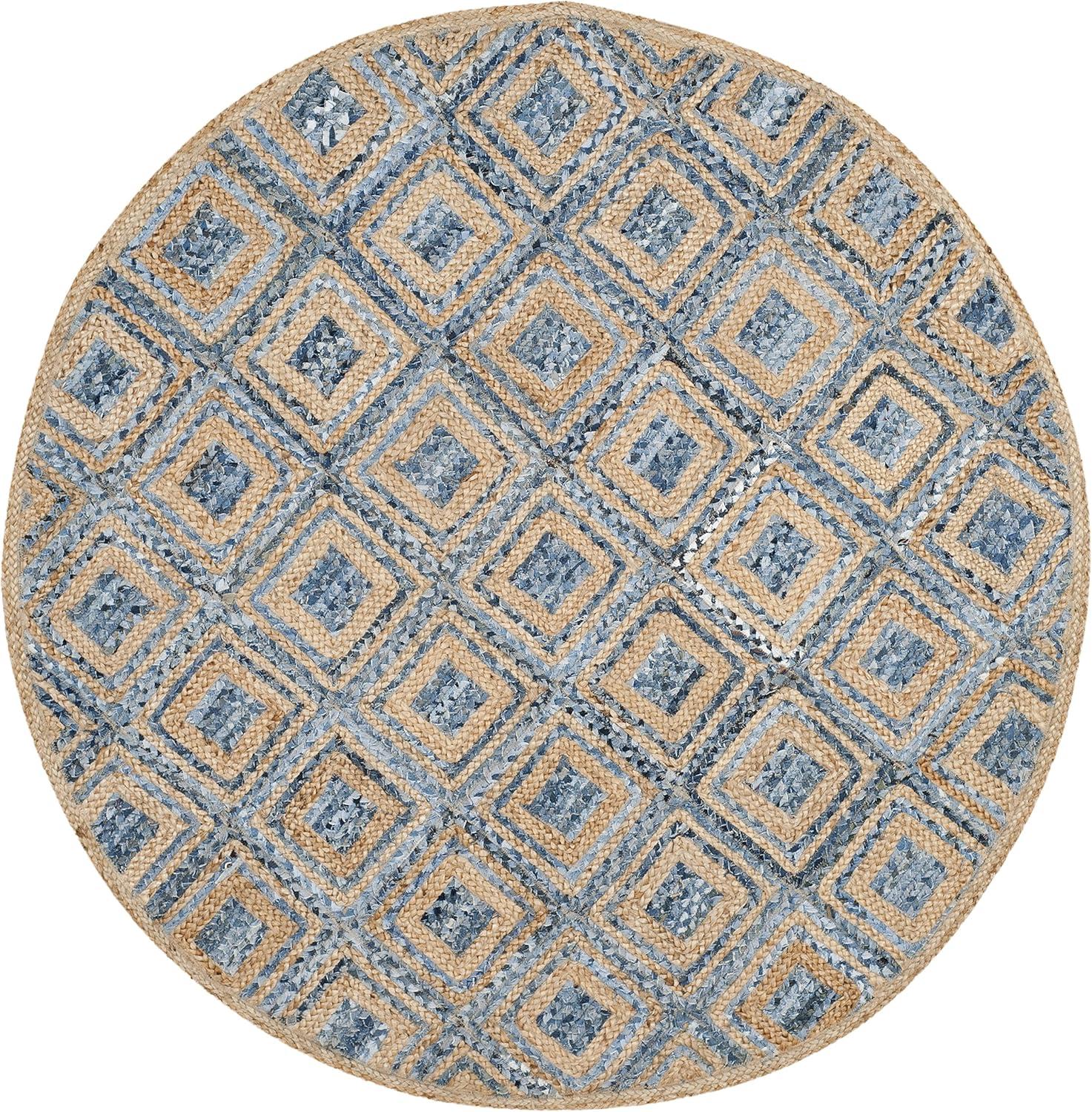 image:imageSAFAVIEH Cape Cod Collection Area Rug 8 Square Natural amp Blue Handmade Flat Weave Diamond Braided Jute amp Denim Ideal for High Traffic Areas in Living Room Bedroom CAP354ANaturalBlue
