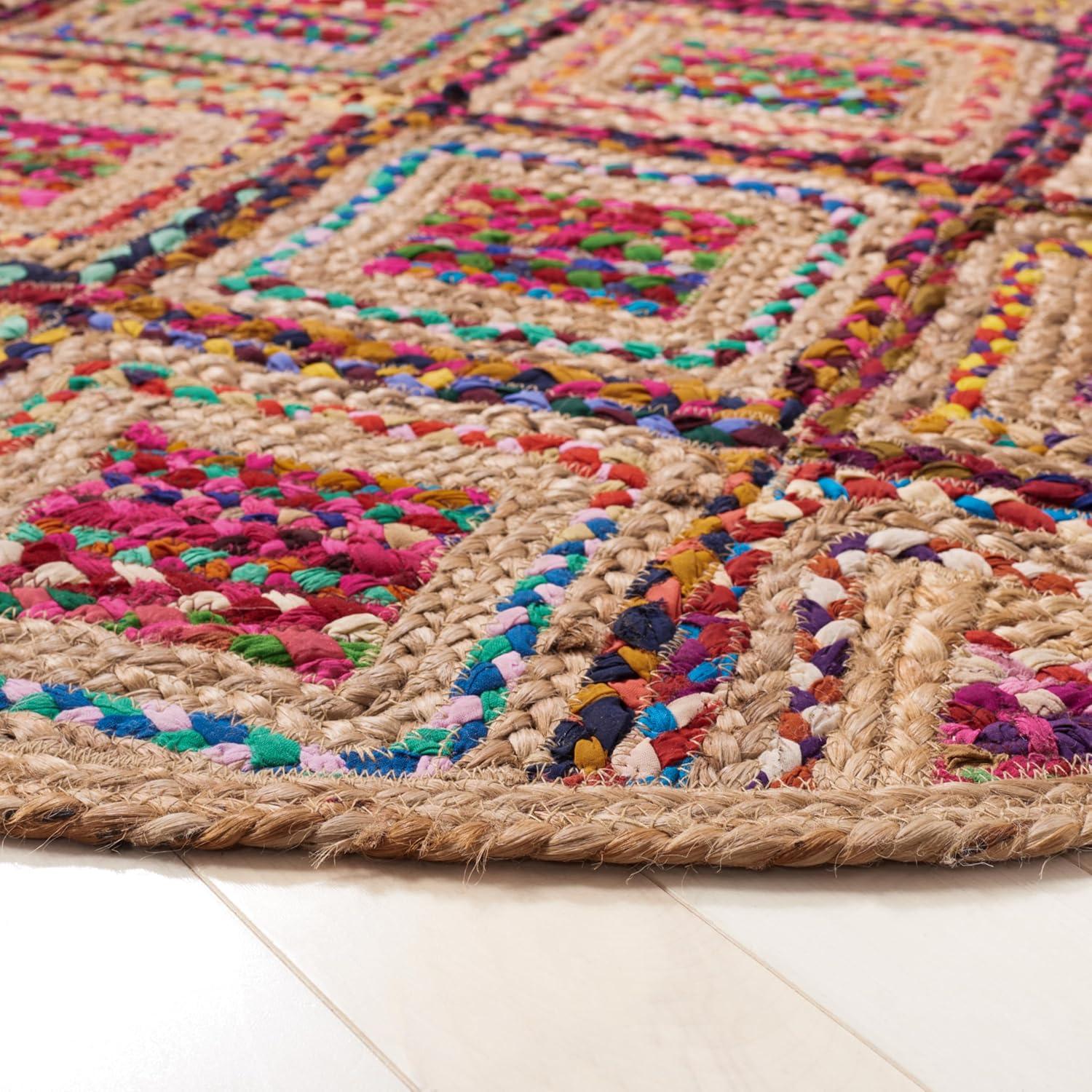 image:imageSAFAVIEH Cape Cod Collection Area Rug 8 Square Natural amp Blue Handmade Flat Weave Diamond Braided Jute amp Denim Ideal for High Traffic Areas in Living Room Bedroom CAP354ANaturalRed