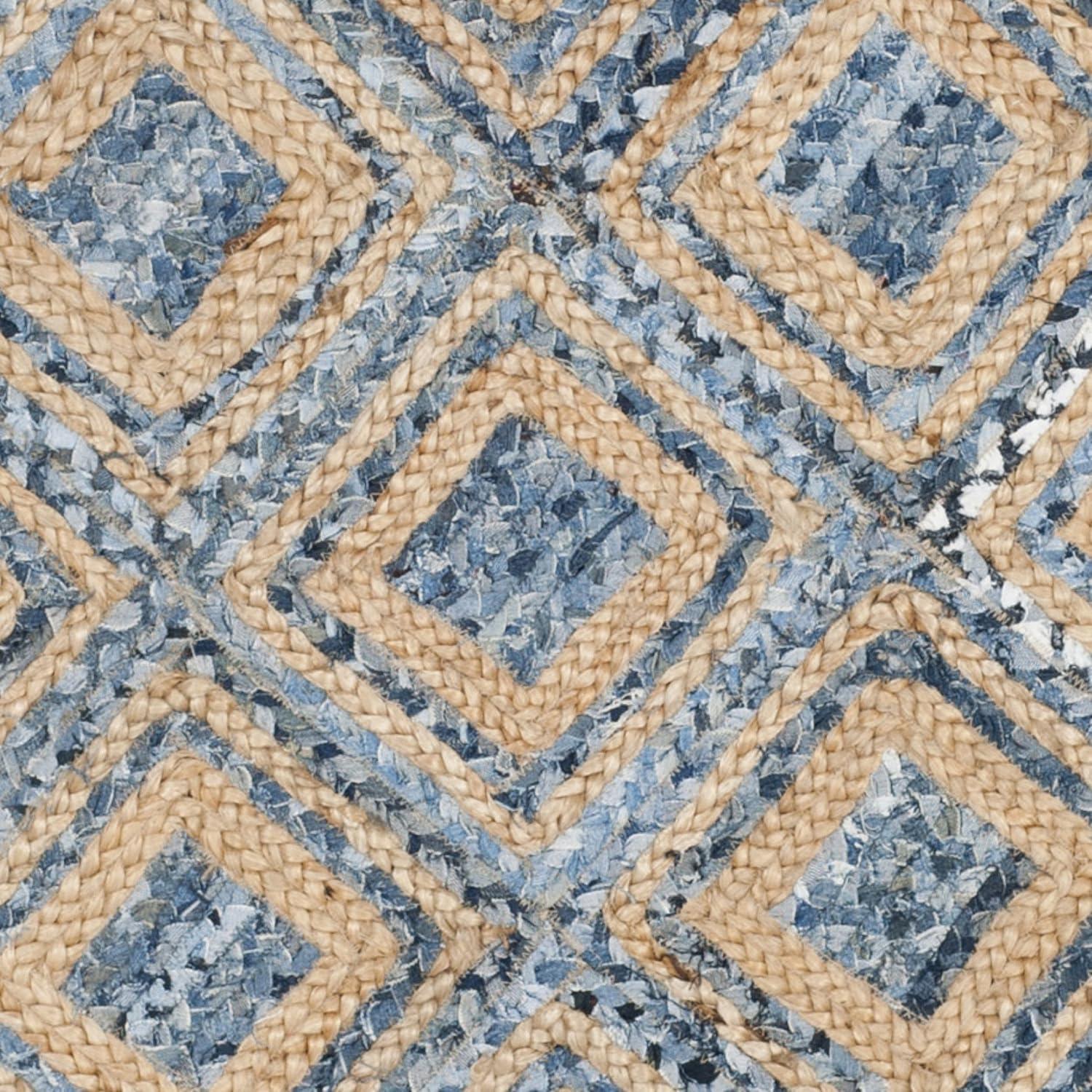 image:imageSAFAVIEH Cape Cod Collection Area Rug 8 Square Natural amp Blue Handmade Flat Weave Diamond Braided Jute amp Denim Ideal for High Traffic Areas in Living Room Bedroom CAP354ANaturalBlue