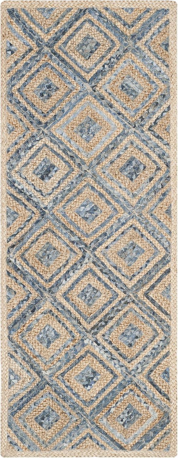 image:imageSAFAVIEH Cape Cod Collection Area Rug 8 Square Natural amp Blue Handmade Flat Weave Diamond Braided Jute amp Denim Ideal for High Traffic Areas in Living Room Bedroom CAP354ANaturalBlue