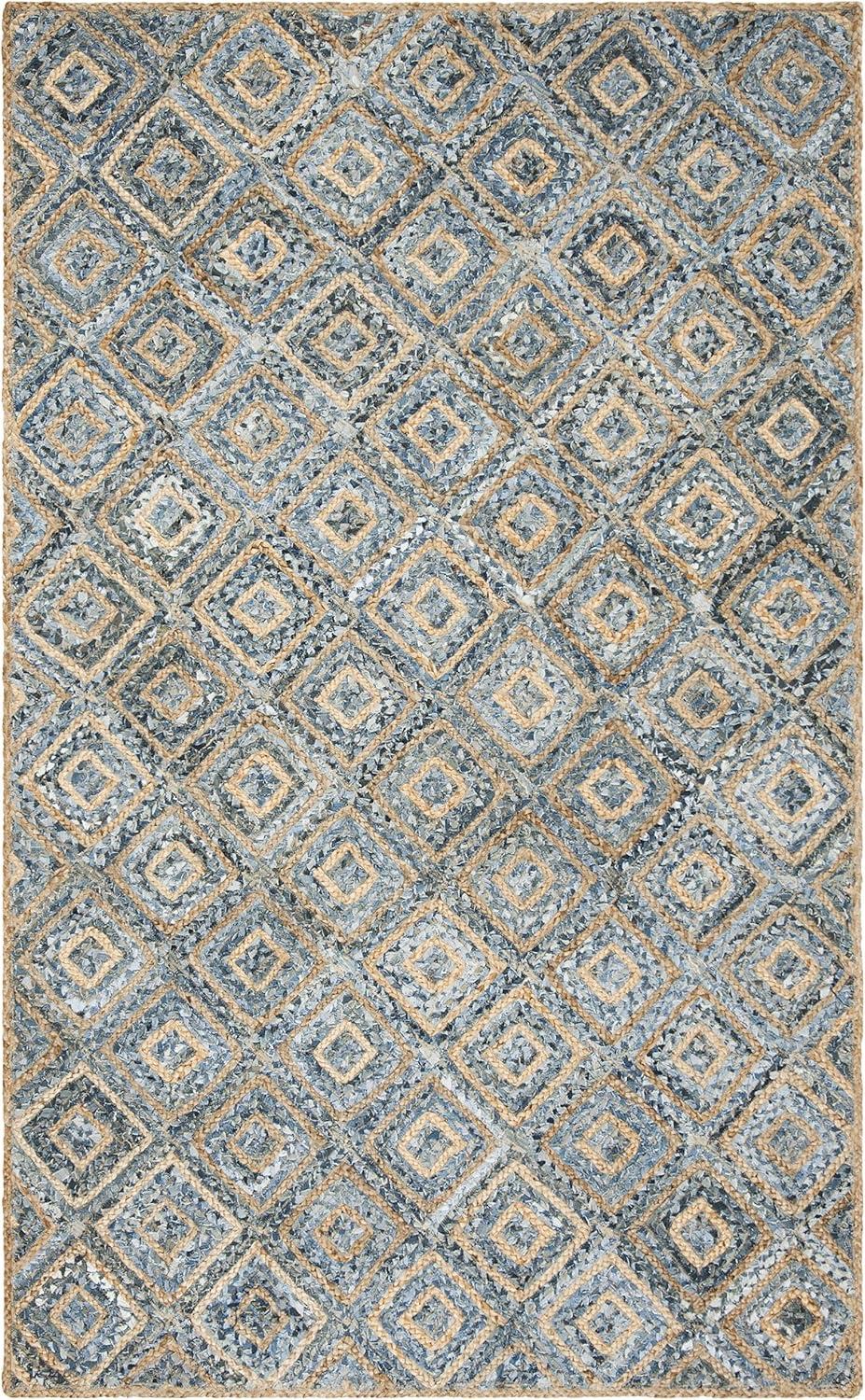 image:imageSAFAVIEH Cape Cod Collection Area Rug 8 Square Natural amp Blue Handmade Flat Weave Diamond Braided Jute amp Denim Ideal for High Traffic Areas in Living Room Bedroom CAP354ANaturalBlue