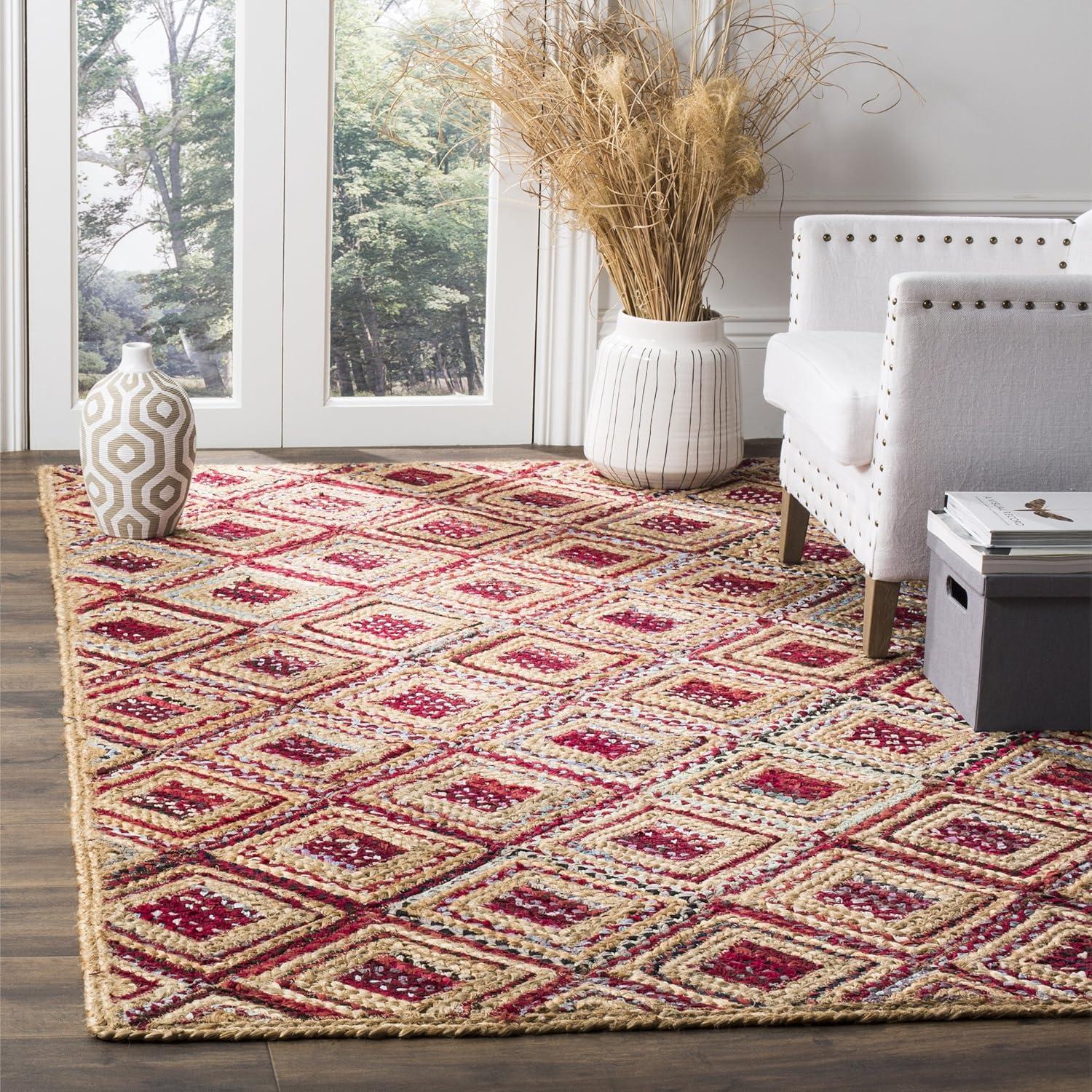 image:imageSAFAVIEH Cape Cod Collection Area Rug 8 Square Natural amp Blue Handmade Flat Weave Diamond Braided Jute amp Denim Ideal for High Traffic Areas in Living Room Bedroom CAP354ANaturalRed