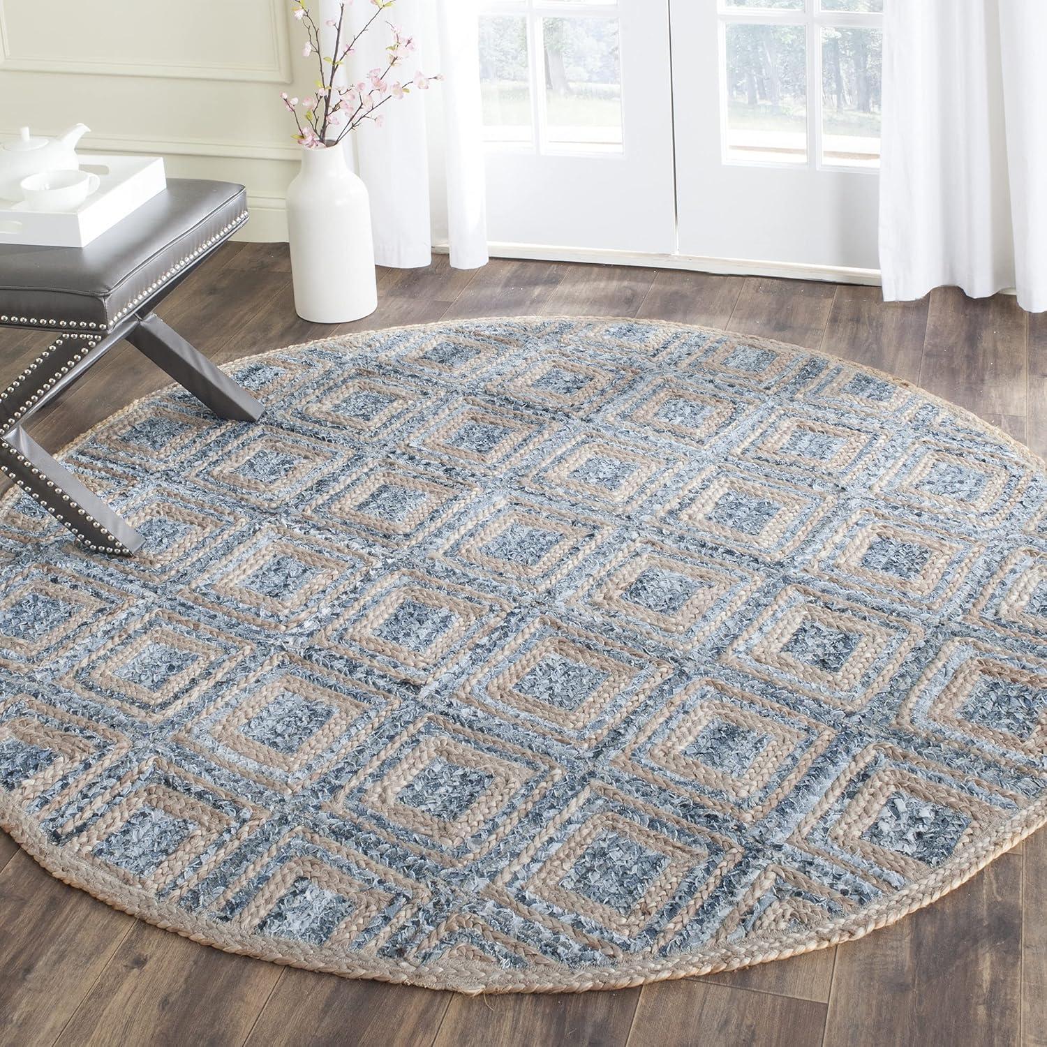image:imageSAFAVIEH Cape Cod Collection Area Rug 8 Square Natural amp Blue Handmade Flat Weave Diamond Braided Jute amp Denim Ideal for High Traffic Areas in Living Room Bedroom CAP354ANaturalBlue