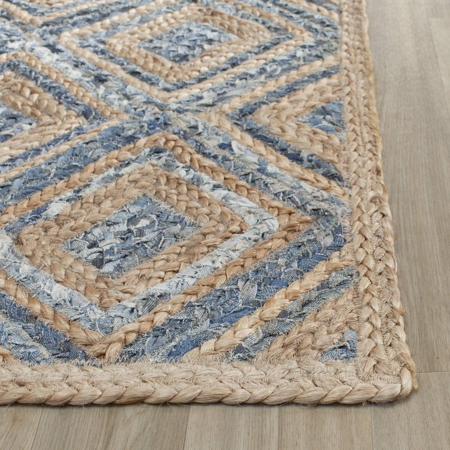 image:imageSAFAVIEH Cape Cod Collection Area Rug 8 Square Natural amp Blue Handmade Flat Weave Diamond Braided Jute amp Denim Ideal for High Traffic Areas in Living Room Bedroom CAP354ANaturalBlue