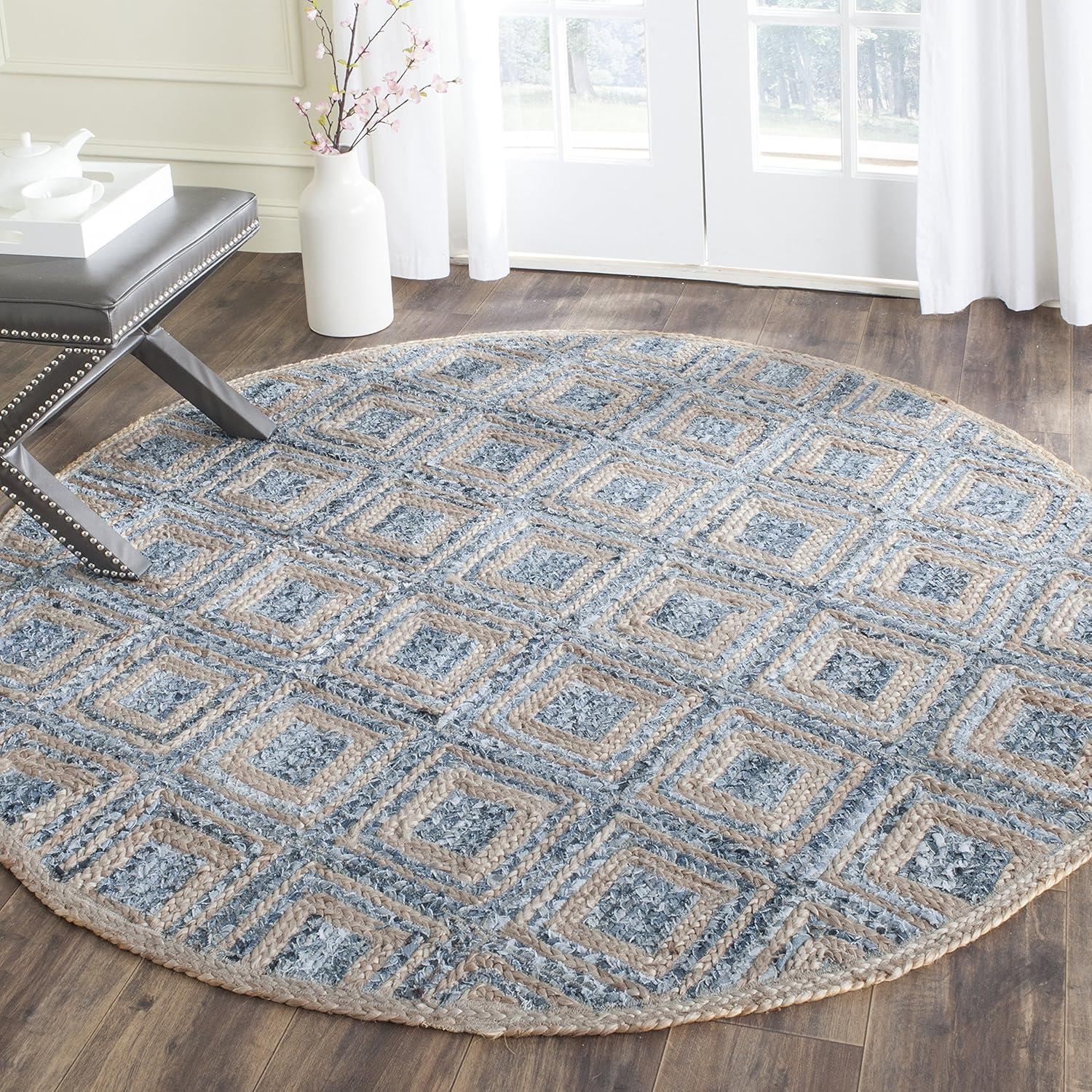 image:imageSAFAVIEH Cape Cod Collection Area Rug 8 Square Natural amp Blue Handmade Flat Weave Diamond Braided Jute amp Denim Ideal for High Traffic Areas in Living Room Bedroom CAP354ANaturalBlue