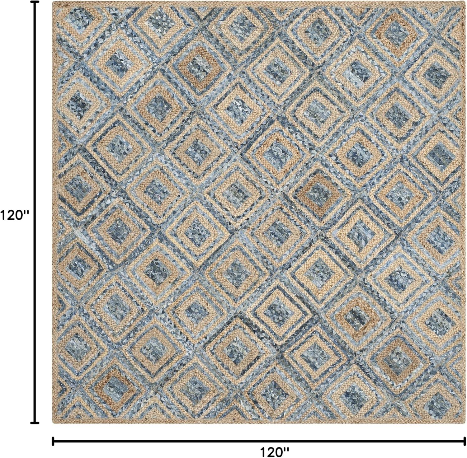 image:imageSAFAVIEH Cape Cod Collection Area Rug 8 Square Natural amp Blue Handmade Flat Weave Diamond Braided Jute amp Denim Ideal for High Traffic Areas in Living Room Bedroom CAP354ANaturalBlue