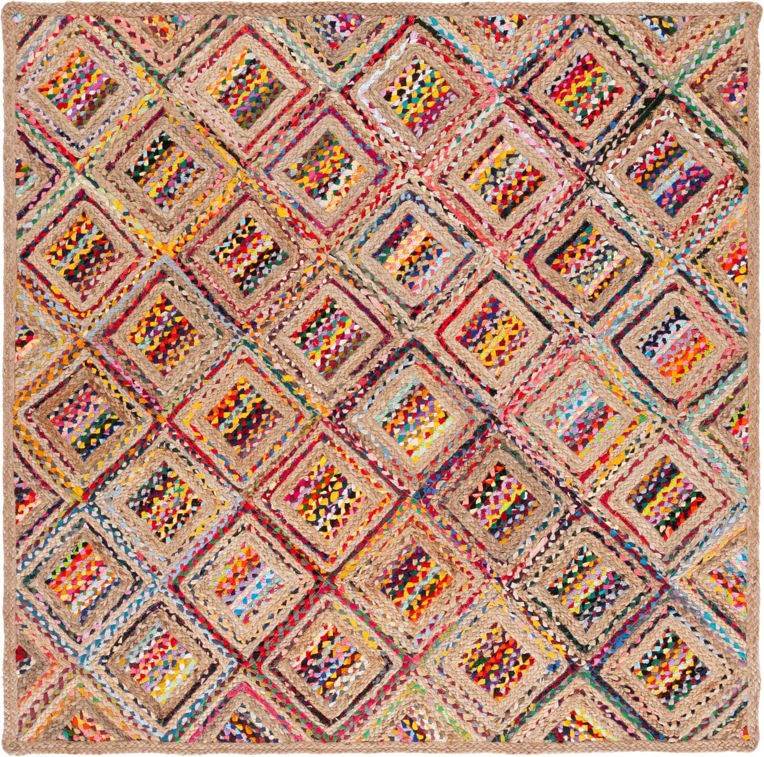 image:imageSAFAVIEH Cape Cod Collection Area Rug 8 Square Natural amp Blue Handmade Flat Weave Diamond Braided Jute amp Denim Ideal for High Traffic Areas in Living Room Bedroom CAP354ANaturalRed
