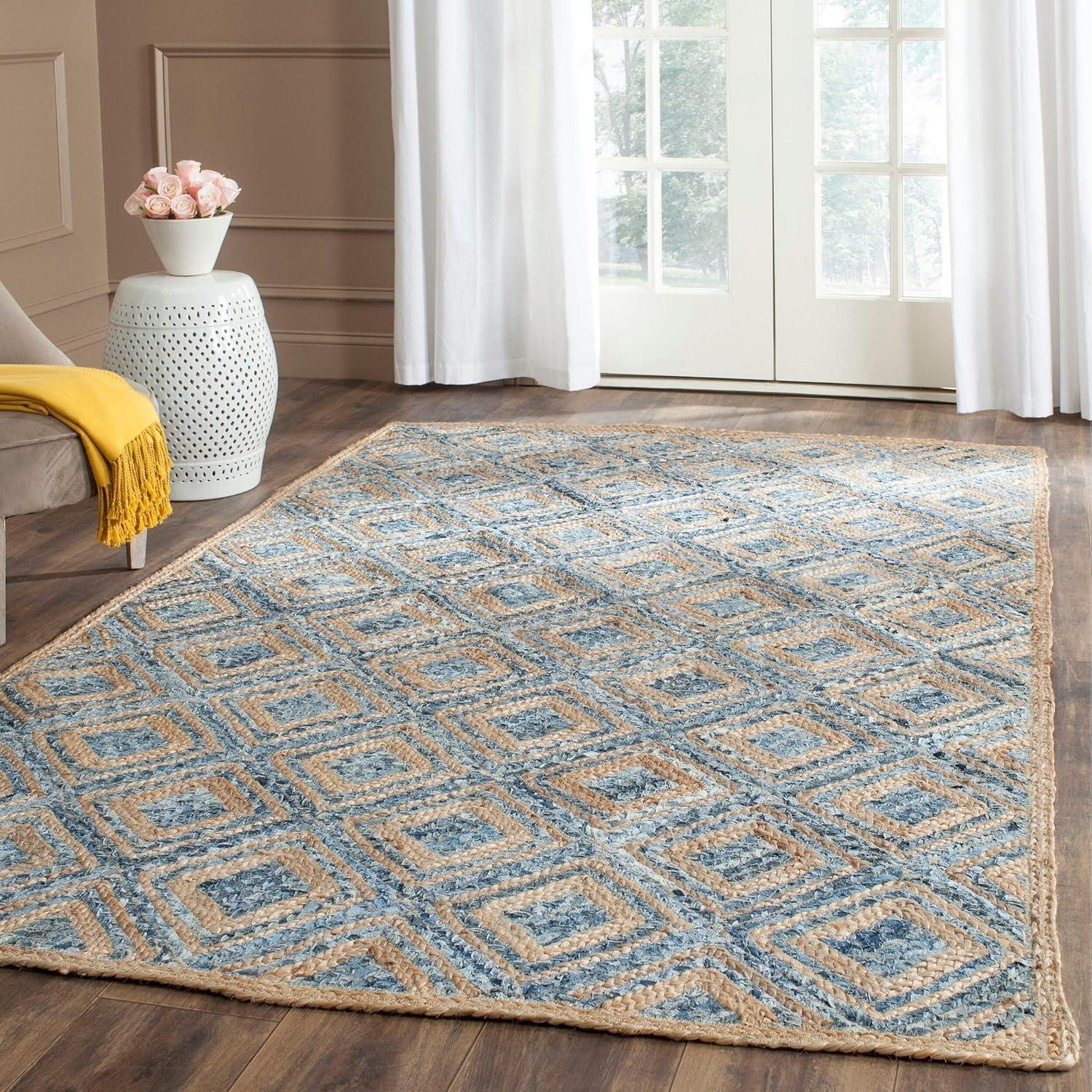 image:imageSAFAVIEH Cape Cod Collection Area Rug 8 Square Natural amp Blue Handmade Flat Weave Diamond Braided Jute amp Denim Ideal for High Traffic Areas in Living Room Bedroom CAP354ANaturalBlue