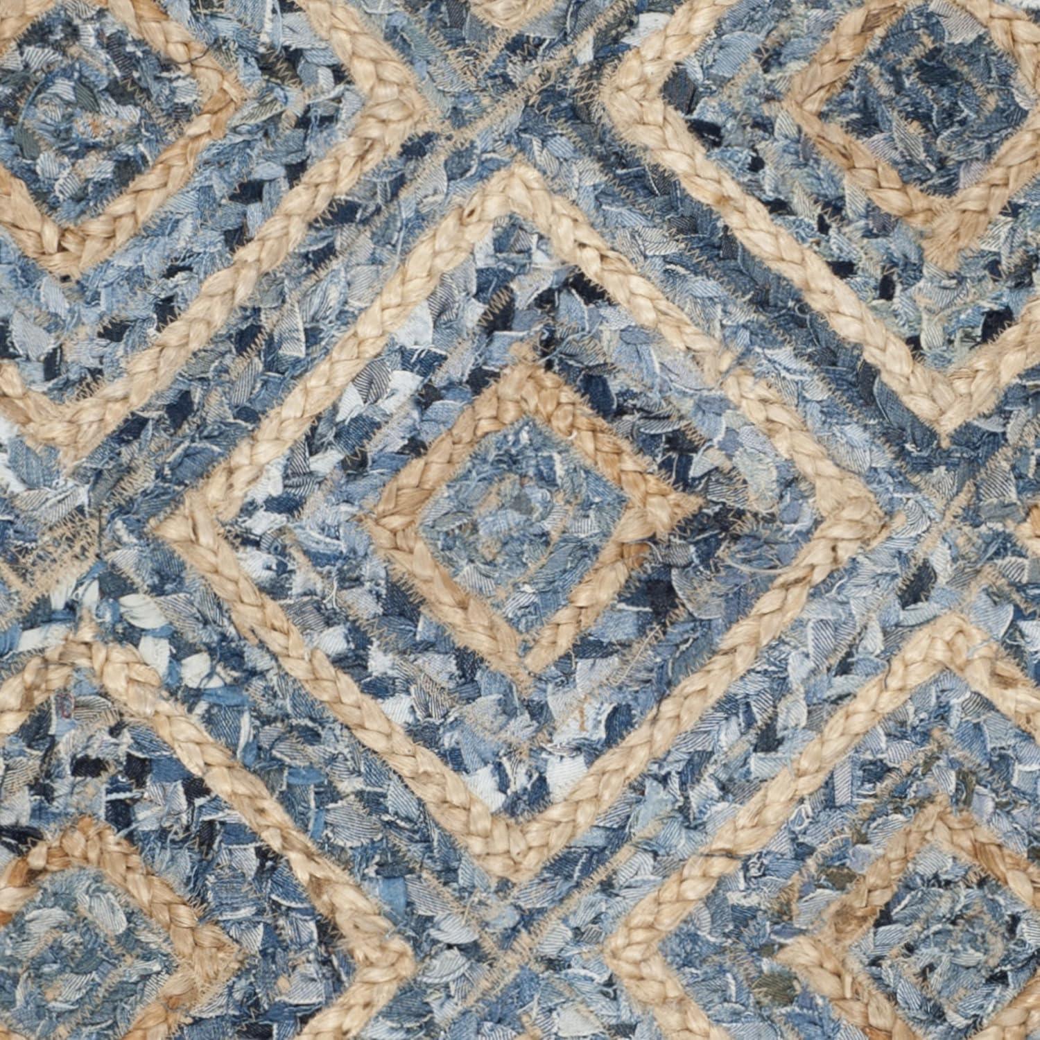 image:imageSAFAVIEH Cape Cod Collection Area Rug 8 Square Natural amp Blue Handmade Flat Weave Diamond Braided Jute amp Denim Ideal for High Traffic Areas in Living Room Bedroom CAP354ANaturalBlue