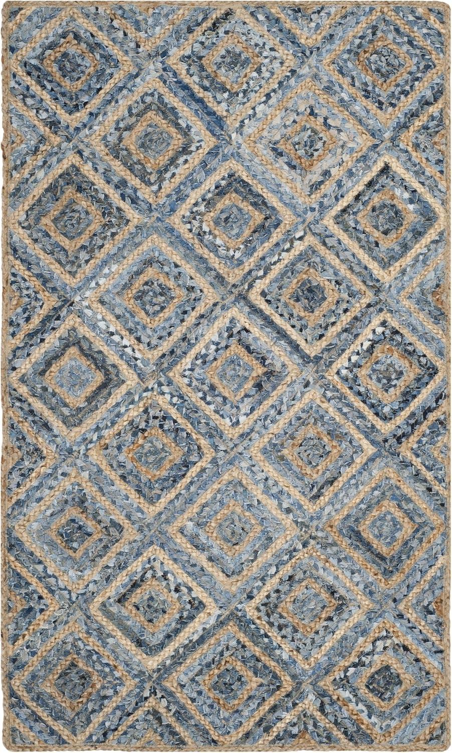 image:imageSAFAVIEH Cape Cod Collection Area Rug 8 Square Natural amp Blue Handmade Flat Weave Diamond Braided Jute amp Denim Ideal for High Traffic Areas in Living Room Bedroom CAP354ANaturalBlue