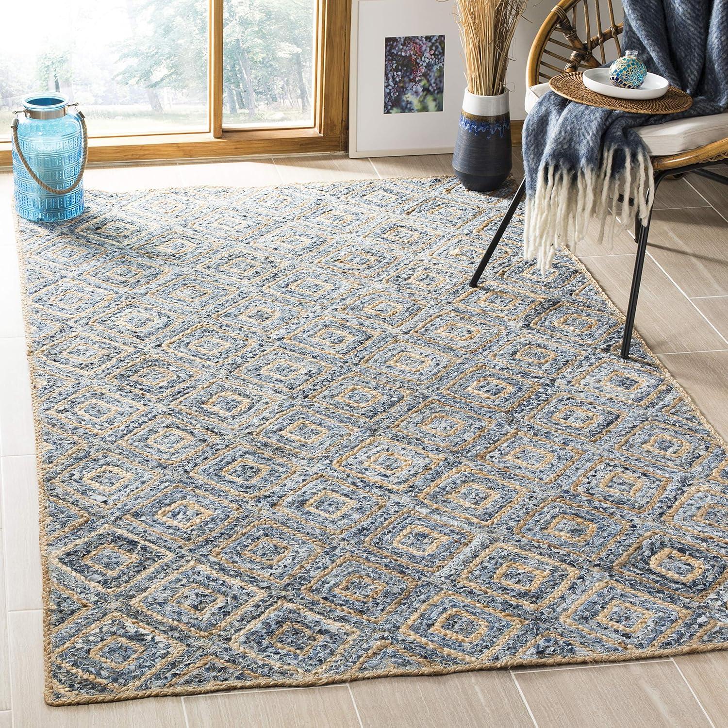 image:imageSAFAVIEH Cape Cod Collection Area Rug 8 Square Natural amp Blue Handmade Flat Weave Diamond Braided Jute amp Denim Ideal for High Traffic Areas in Living Room Bedroom CAP354ANaturalBlue