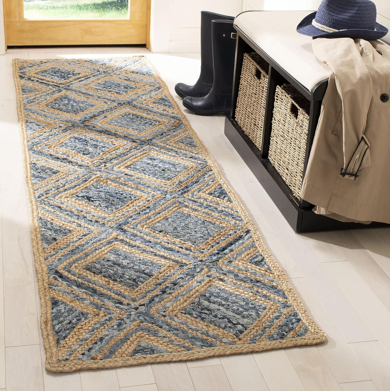 image:imageSAFAVIEH Cape Cod Collection Area Rug 8 Square Natural amp Blue Handmade Flat Weave Diamond Braided Jute amp Denim Ideal for High Traffic Areas in Living Room Bedroom CAP354ANaturalBlue