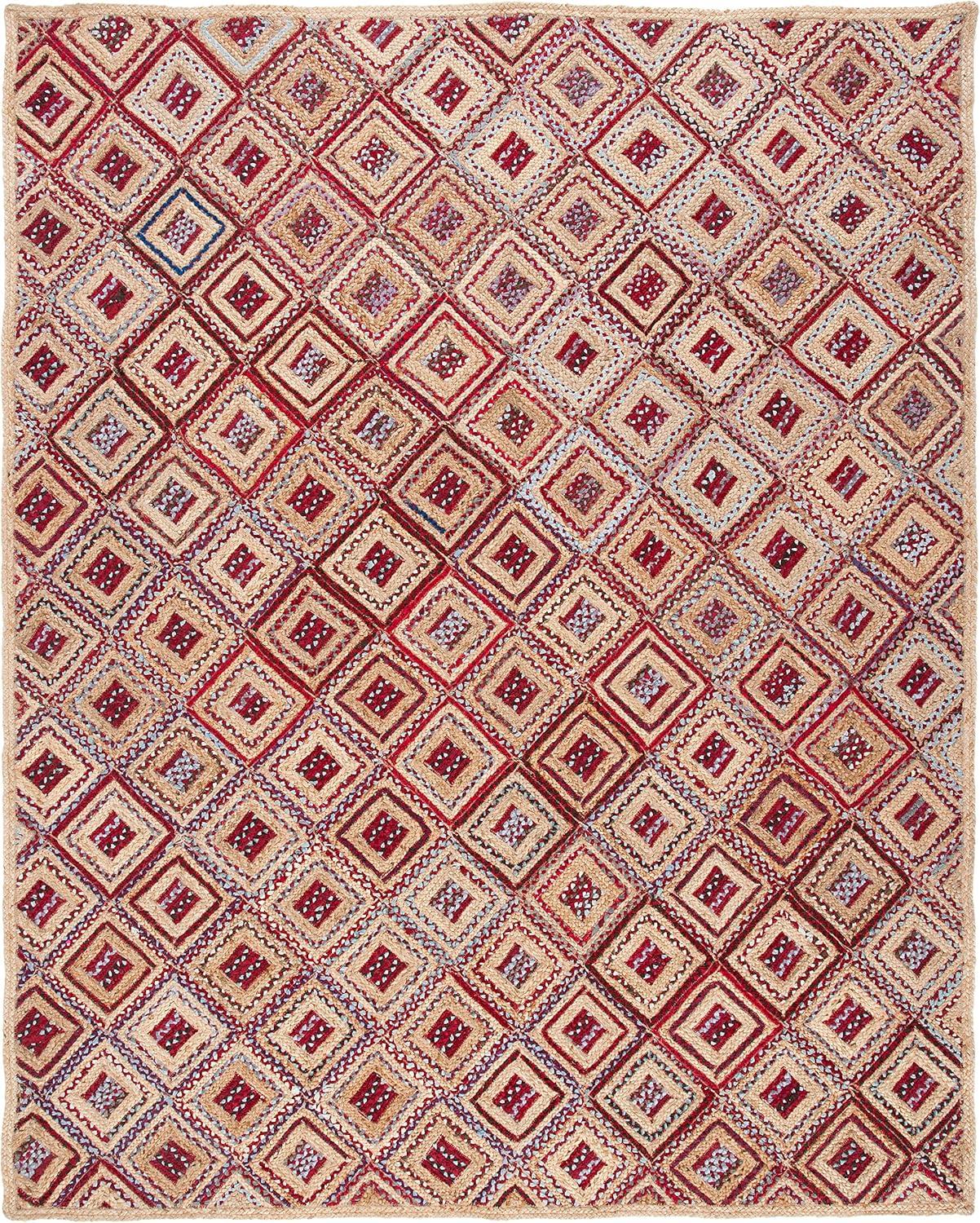 image:imageSAFAVIEH Cape Cod Collection Area Rug 8 Square Natural amp Blue Handmade Flat Weave Diamond Braided Jute amp Denim Ideal for High Traffic Areas in Living Room Bedroom CAP354ANaturalRed
