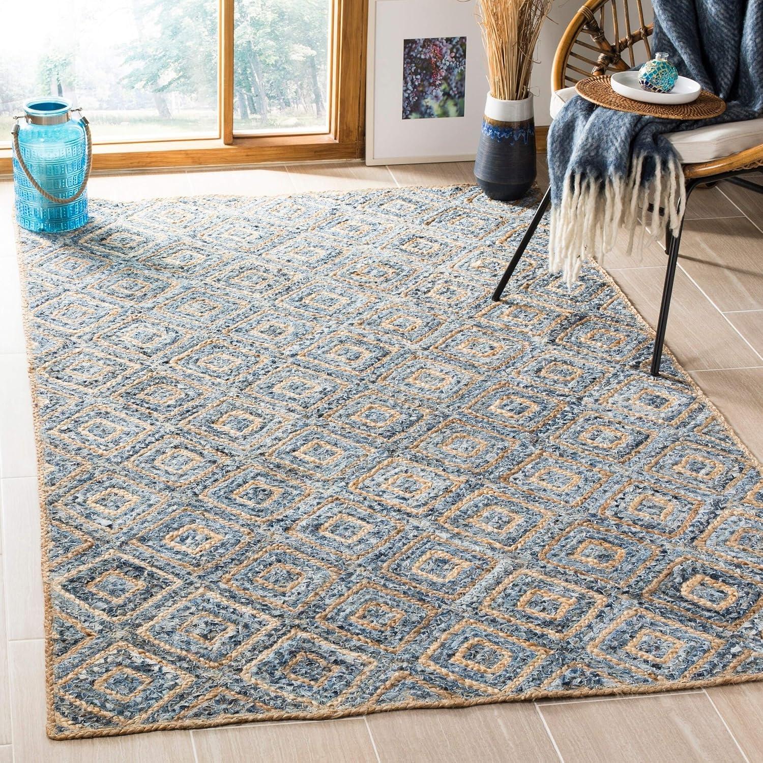 image:imageSAFAVIEH Cape Cod Collection Area Rug 8 Square Natural amp Blue Handmade Flat Weave Diamond Braided Jute amp Denim Ideal for High Traffic Areas in Living Room Bedroom CAP354ANaturalBlue