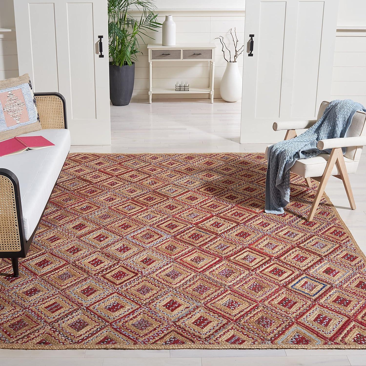 image:imageSAFAVIEH Cape Cod Collection Area Rug 8 Square Natural amp Blue Handmade Flat Weave Diamond Braided Jute amp Denim Ideal for High Traffic Areas in Living Room Bedroom CAP354ANaturalRed