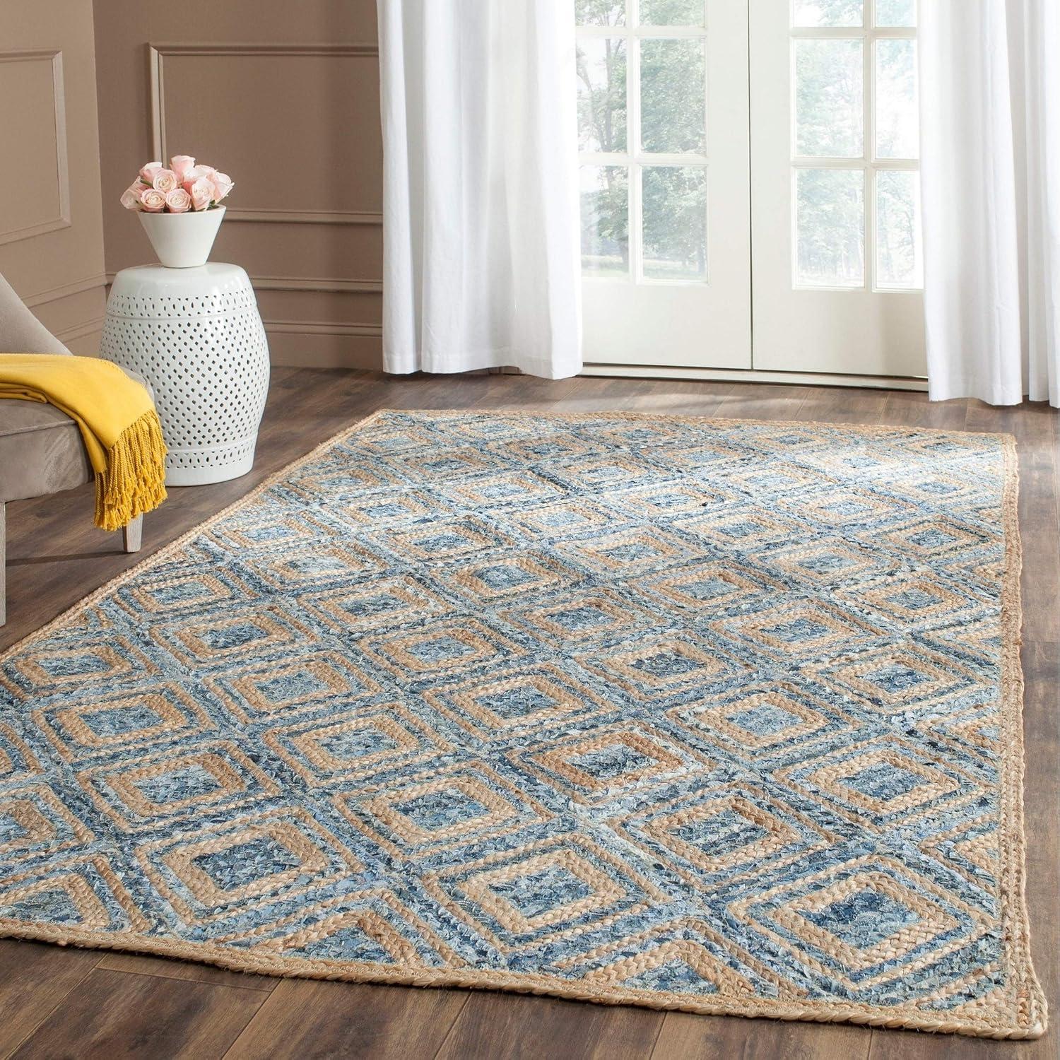 image:imageSAFAVIEH Cape Cod Collection Area Rug 8 Square Natural amp Blue Handmade Flat Weave Diamond Braided Jute amp Denim Ideal for High Traffic Areas in Living Room Bedroom CAP354ANaturalBlue