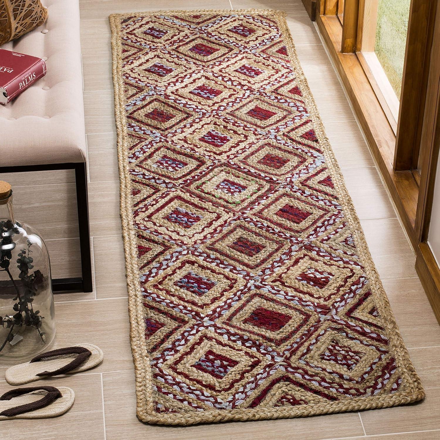 image:imageSAFAVIEH Cape Cod Collection Area Rug 8 Square Natural amp Blue Handmade Flat Weave Diamond Braided Jute amp Denim Ideal for High Traffic Areas in Living Room Bedroom CAP354ANaturalRed