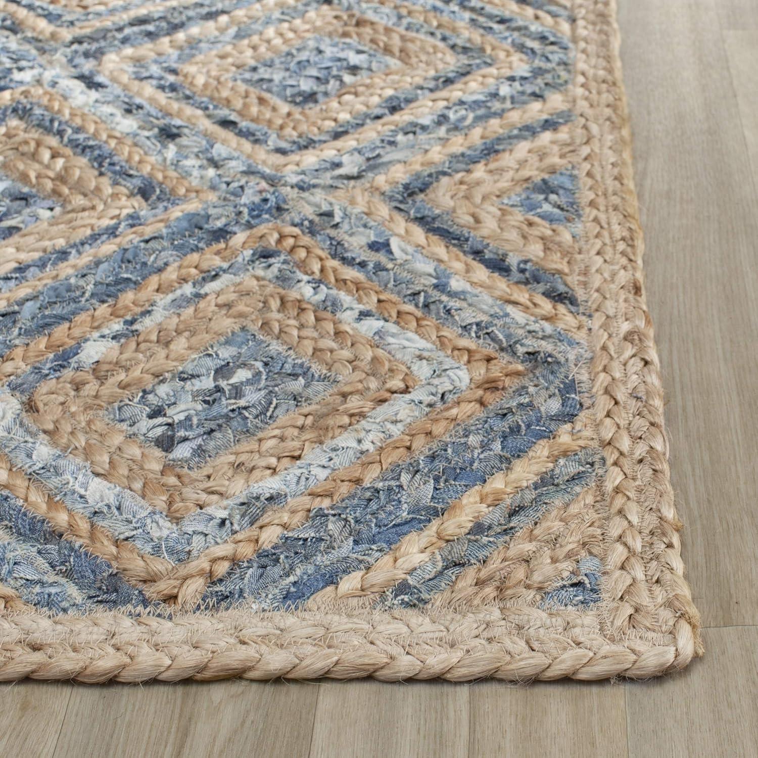 image:imageSAFAVIEH Cape Cod Collection Area Rug 8 Square Natural amp Blue Handmade Flat Weave Diamond Braided Jute amp Denim Ideal for High Traffic Areas in Living Room Bedroom CAP354ANaturalBlue