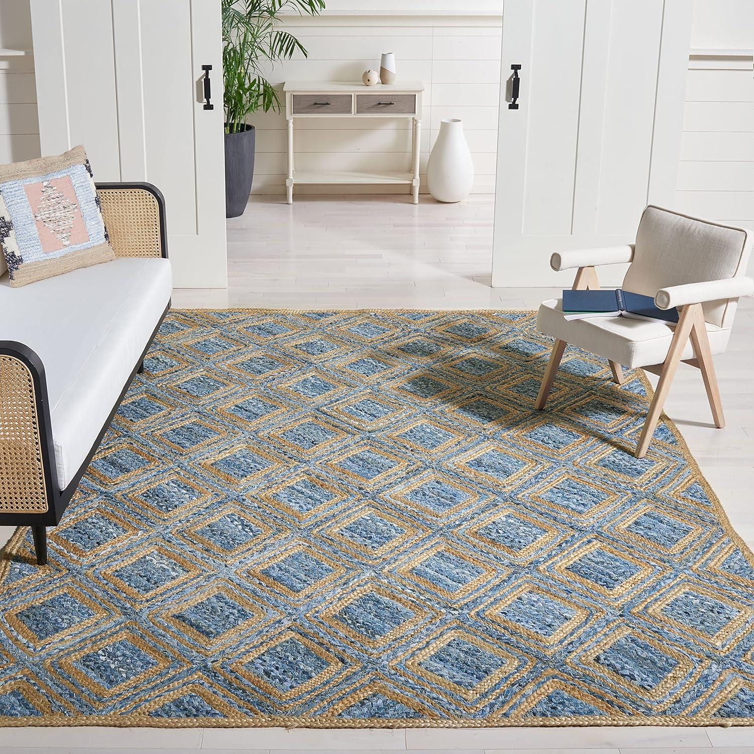image:imageSAFAVIEH Cape Cod Collection Area Rug 8 Square Natural amp Blue Handmade Flat Weave Diamond Braided Jute amp Denim Ideal for High Traffic Areas in Living Room Bedroom CAP354ANaturalBlue