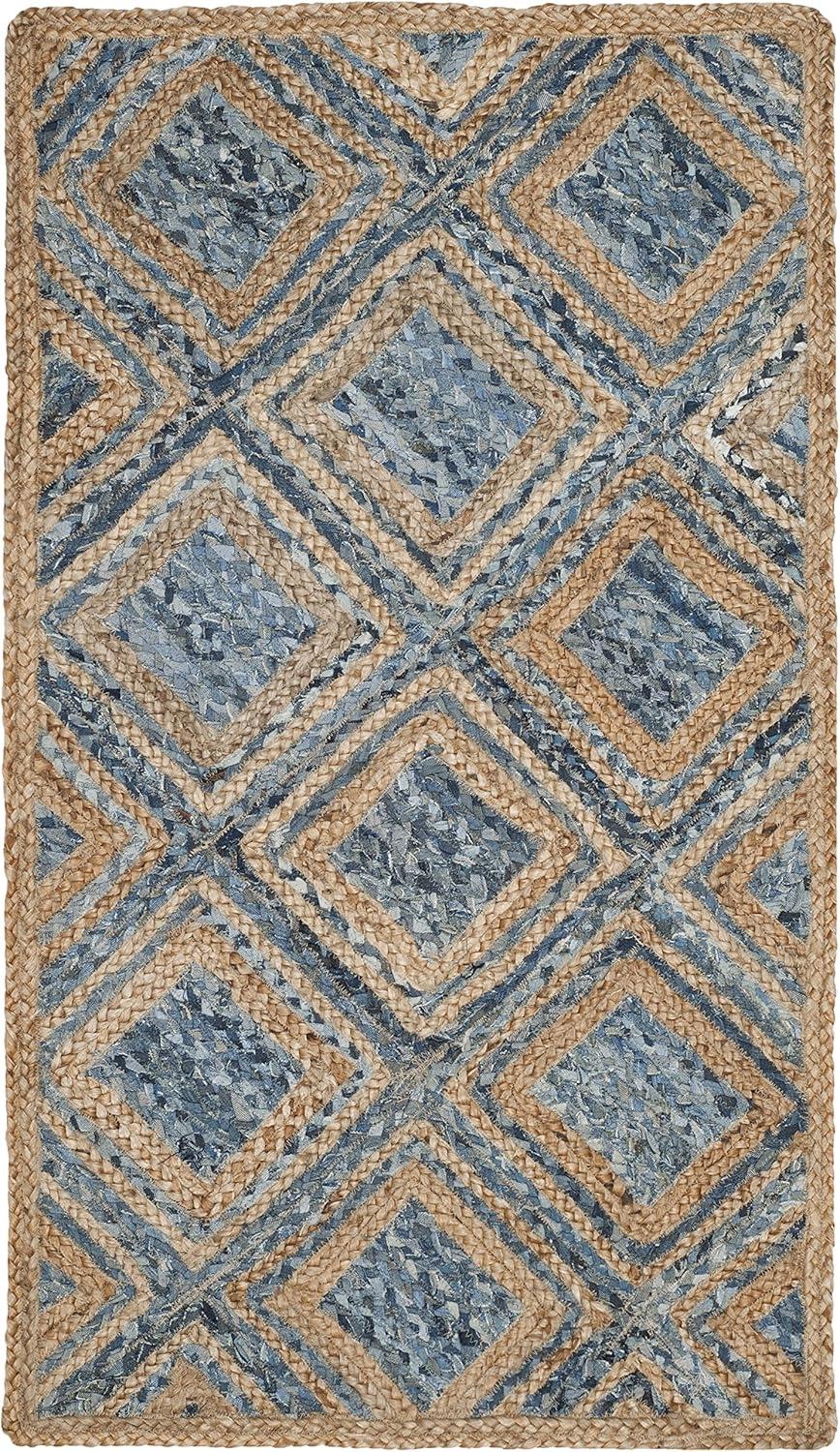 image:imageSAFAVIEH Cape Cod Collection Area Rug 8 Square Natural amp Blue Handmade Flat Weave Diamond Braided Jute amp Denim Ideal for High Traffic Areas in Living Room Bedroom CAP354ANaturalBlue