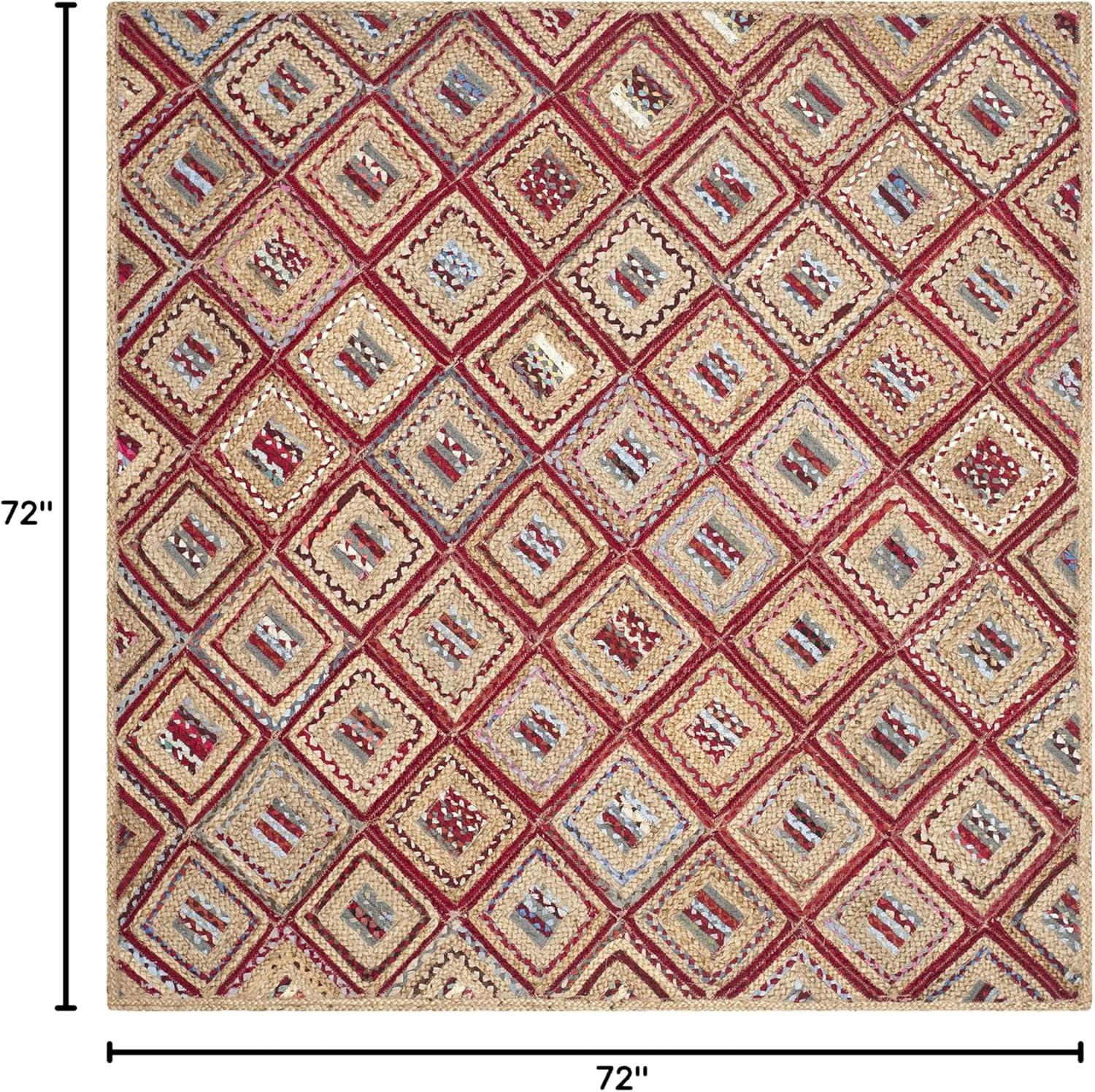 image:imageSAFAVIEH Cape Cod Collection Area Rug 8 Square Natural amp Blue Handmade Flat Weave Diamond Braided Jute amp Denim Ideal for High Traffic Areas in Living Room Bedroom CAP354ANaturalRed