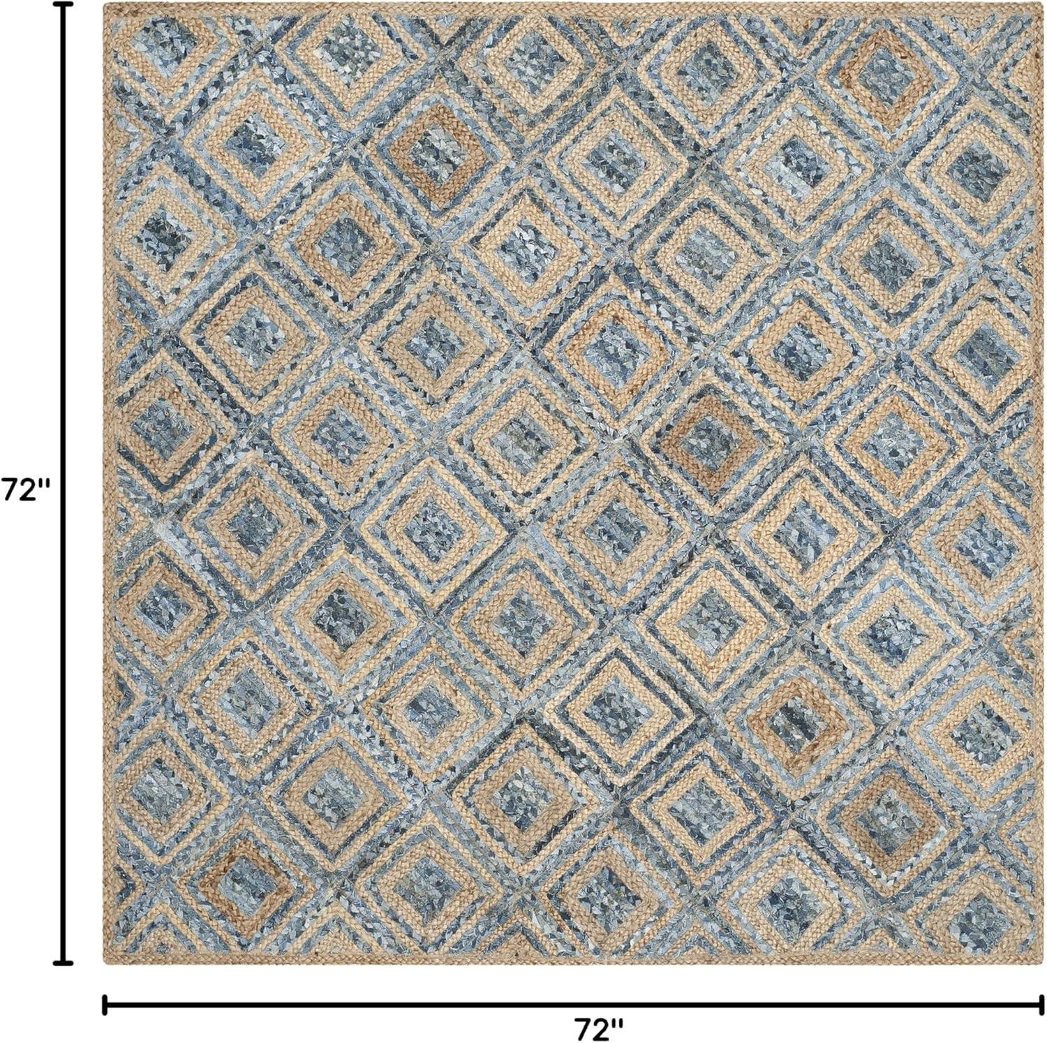image:imageSAFAVIEH Cape Cod Collection Area Rug 8 Square Natural amp Blue Handmade Flat Weave Diamond Braided Jute amp Denim Ideal for High Traffic Areas in Living Room Bedroom CAP354ANaturalBlue