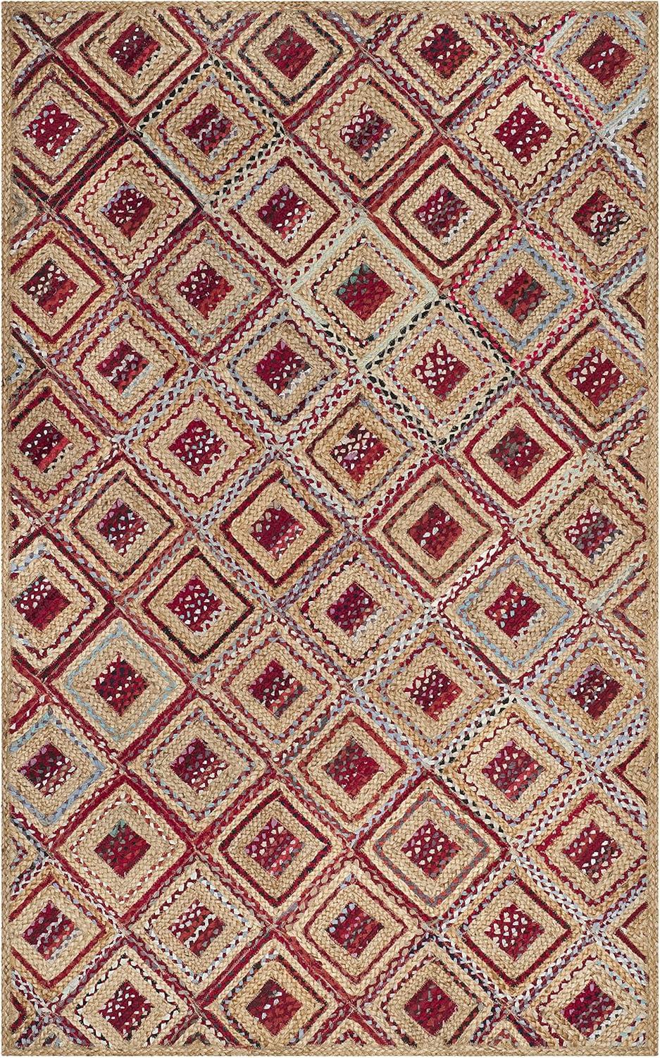image:imageSAFAVIEH Cape Cod Collection Area Rug 8 Square Natural amp Blue Handmade Flat Weave Diamond Braided Jute amp Denim Ideal for High Traffic Areas in Living Room Bedroom CAP354ANaturalRed