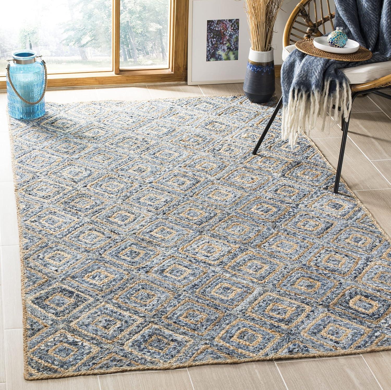 image:imageSAFAVIEH Cape Cod Collection Area Rug 8 Square Natural amp Blue Handmade Flat Weave Diamond Braided Jute amp Denim Ideal for High Traffic Areas in Living Room Bedroom CAP354ANaturalBlue