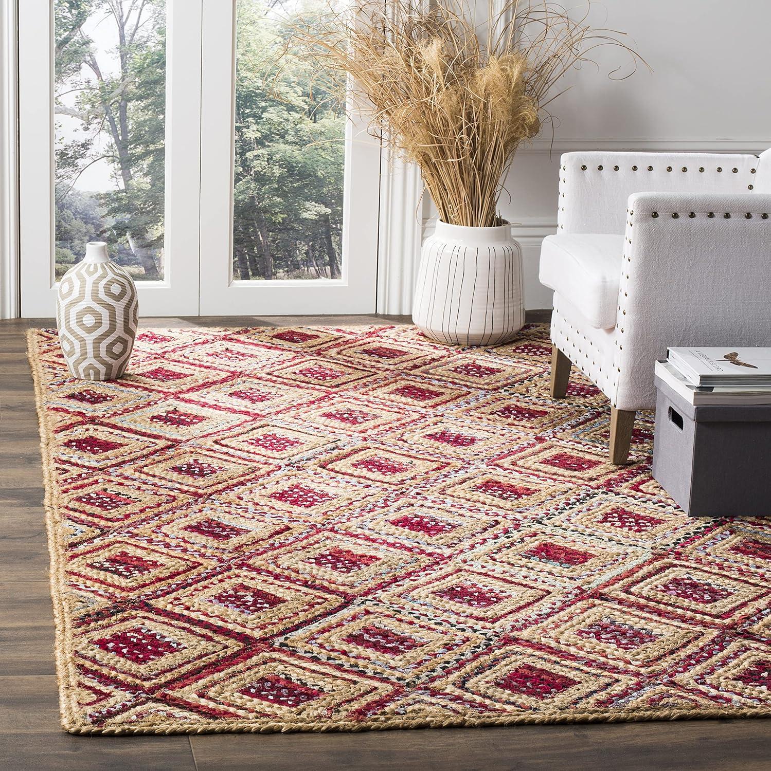 image:imageSAFAVIEH Cape Cod Collection Area Rug 8 Square Natural amp Blue Handmade Flat Weave Diamond Braided Jute amp Denim Ideal for High Traffic Areas in Living Room Bedroom CAP354ANaturalRed