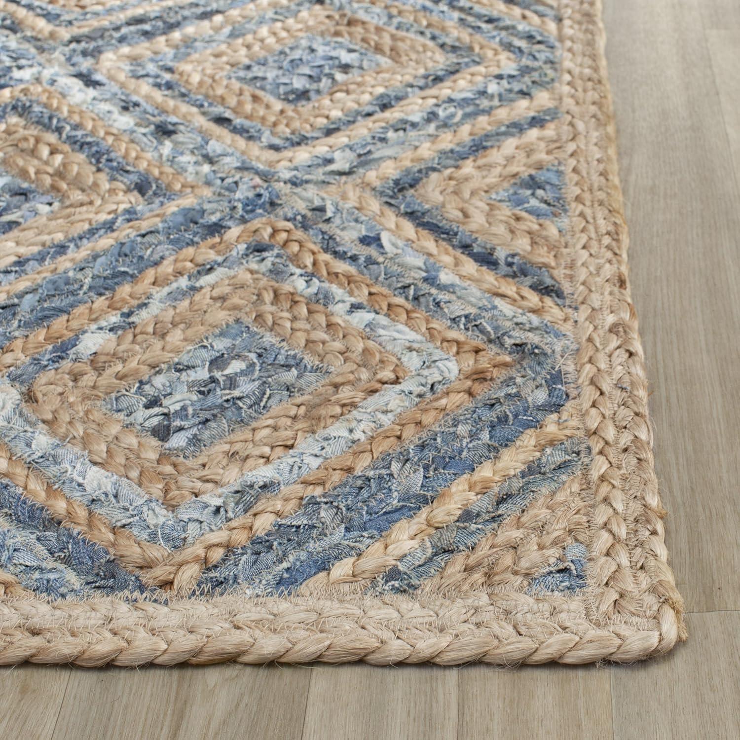 image:imageSAFAVIEH Cape Cod Collection Area Rug 8 Square Natural amp Blue Handmade Flat Weave Diamond Braided Jute amp Denim Ideal for High Traffic Areas in Living Room Bedroom CAP354ANaturalBlue