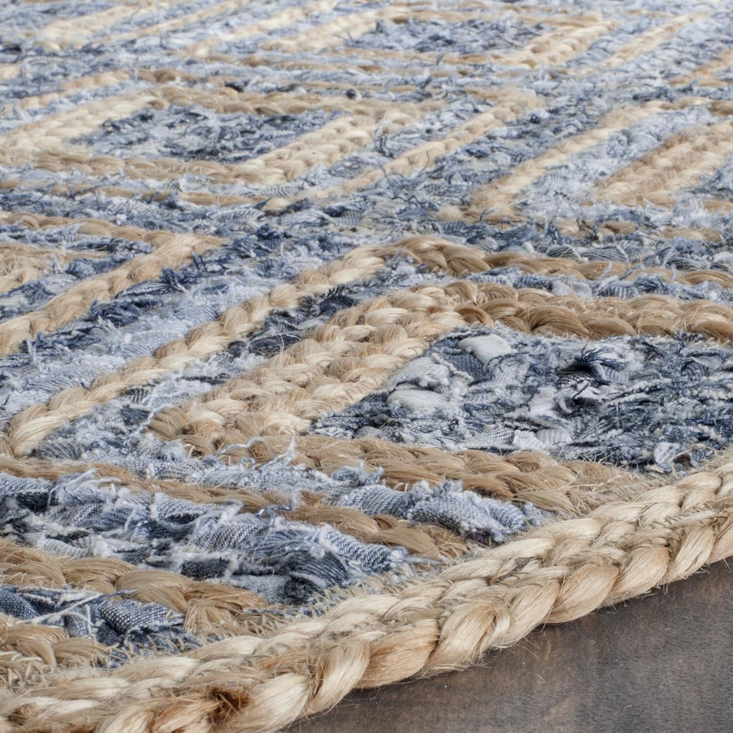 image:imageSAFAVIEH Cape Cod Collection Area Rug 8 Square Natural amp Blue Handmade Flat Weave Diamond Braided Jute amp Denim Ideal for High Traffic Areas in Living Room Bedroom CAP354ANaturalBlue