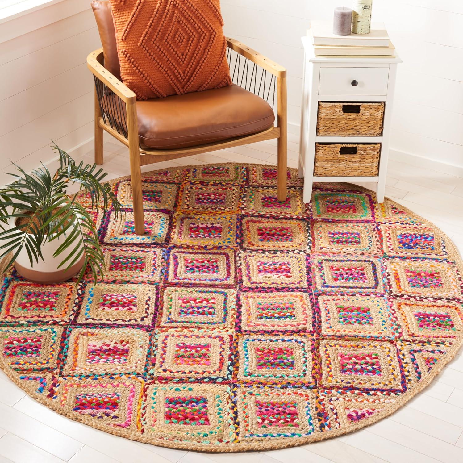 image:imageSAFAVIEH Cape Cod Collection Area Rug 8 Square Natural amp Blue Handmade Flat Weave Diamond Braided Jute amp Denim Ideal for High Traffic Areas in Living Room Bedroom CAP354ANaturalRed