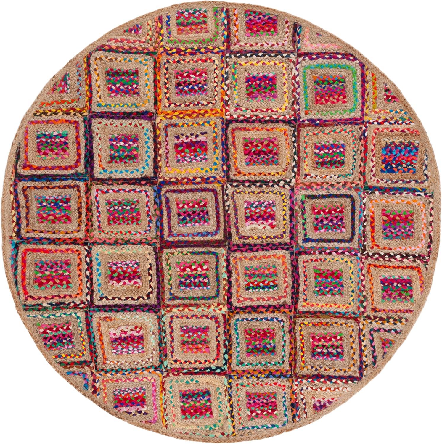 image:imageSAFAVIEH Cape Cod Collection Area Rug 8 Square Natural amp Blue Handmade Flat Weave Diamond Braided Jute amp Denim Ideal for High Traffic Areas in Living Room Bedroom CAP354ANaturalRed