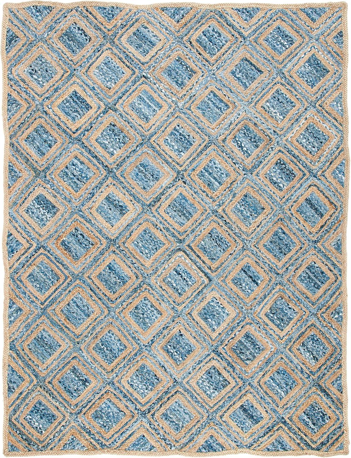 image:imageSAFAVIEH Cape Cod Collection Area Rug 8 Square Natural amp Blue Handmade Flat Weave Diamond Braided Jute amp Denim Ideal for High Traffic Areas in Living Room Bedroom CAP354ANaturalBlue