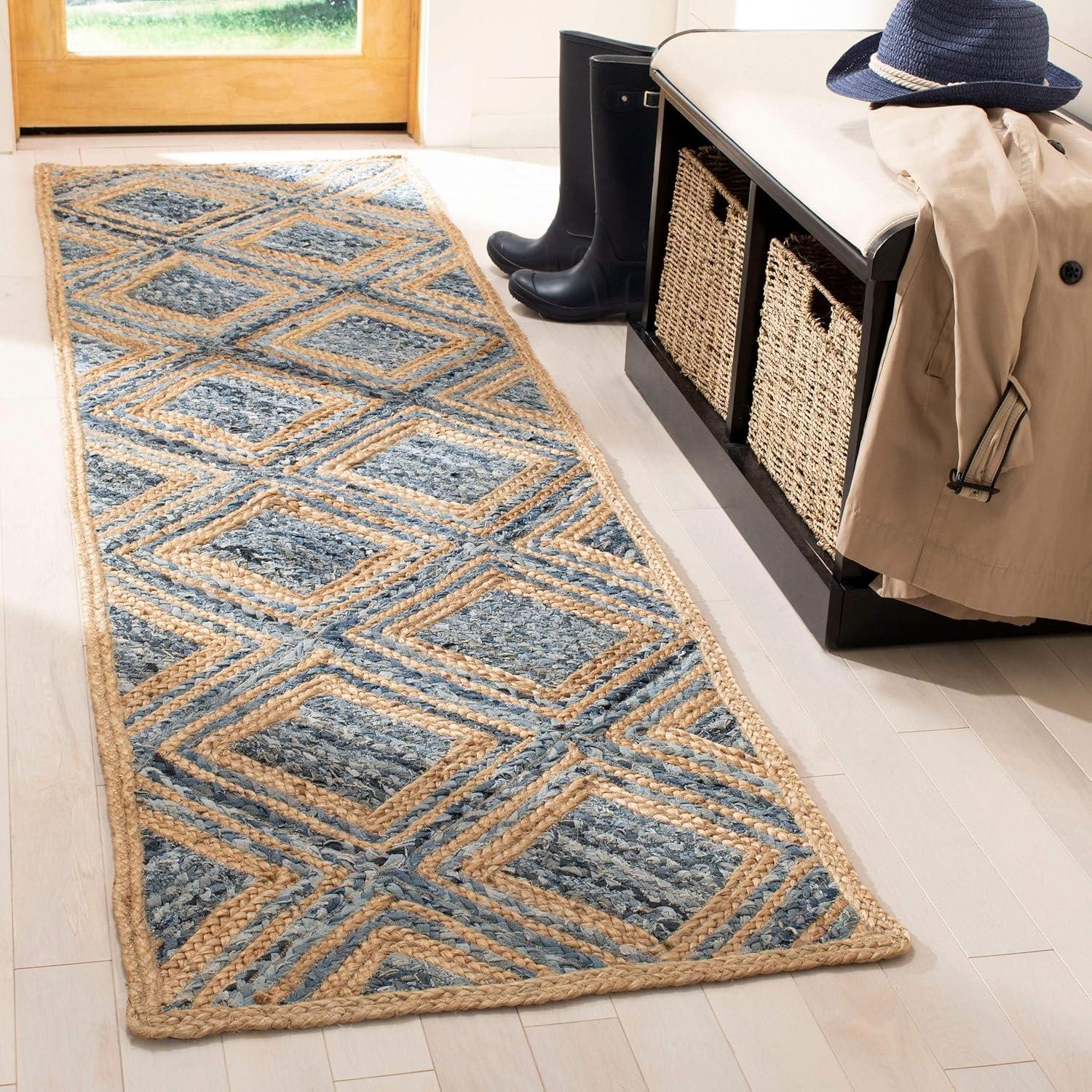 image:imageSAFAVIEH Cape Cod Collection Area Rug 8 Square Natural amp Blue Handmade Flat Weave Diamond Braided Jute amp Denim Ideal for High Traffic Areas in Living Room Bedroom CAP354ANaturalBlue
