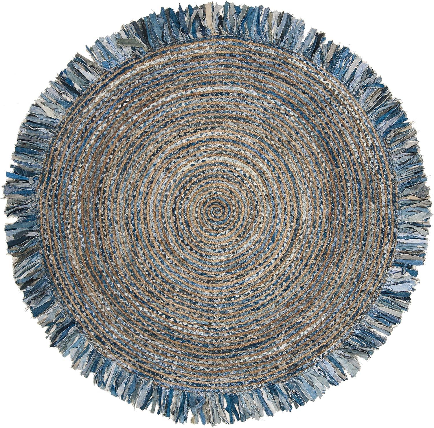 image:imageSAFAVIEH Cape Cod Collection Area Rug 9 Round Ivory amp Light Beige Handmade Boho Fringe Jute amp Cotton Ideal for High Traffic Areas in Living Room Bedroom CAP206BIvoryDenim