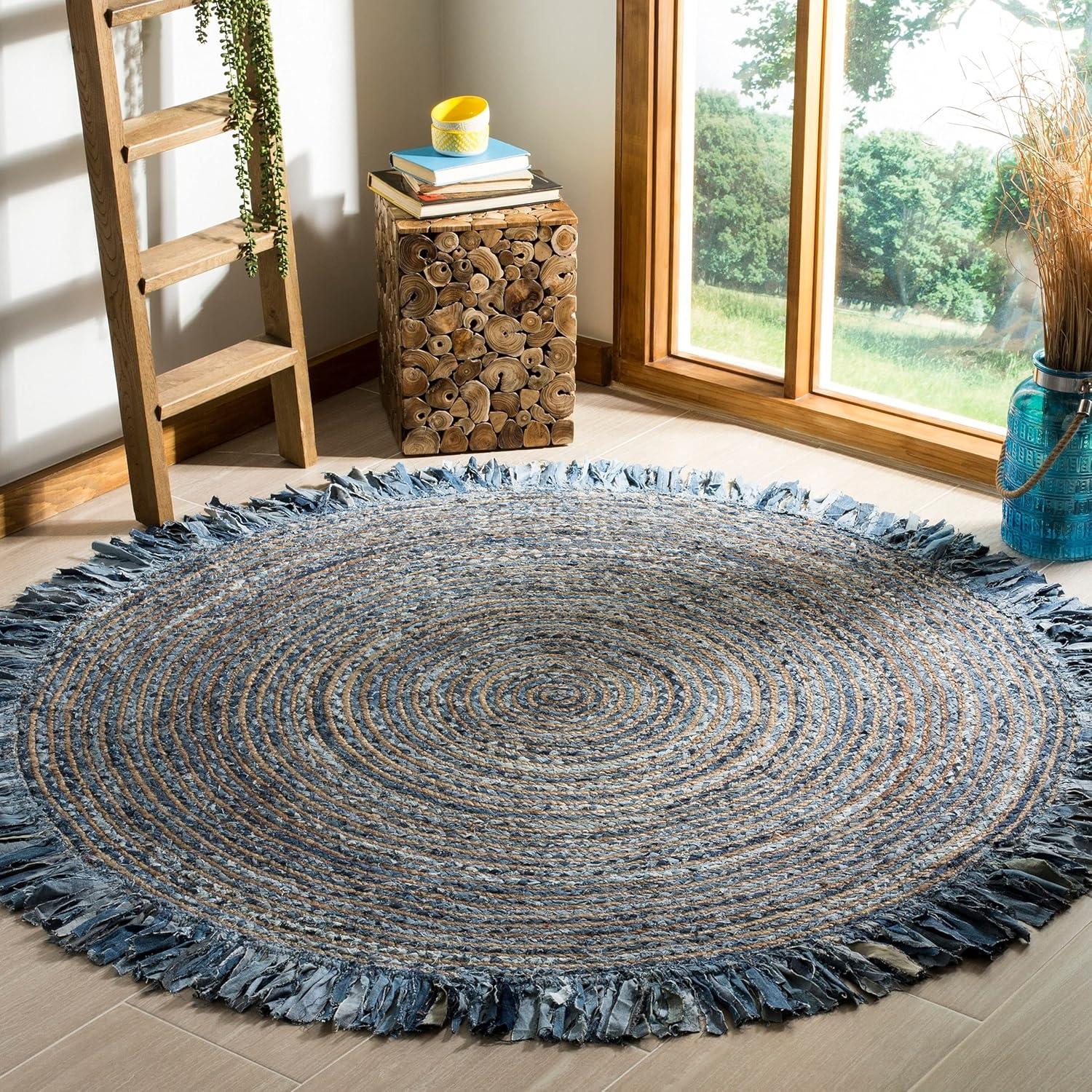 image:imageSAFAVIEH Cape Cod Collection Area Rug 9 Round Ivory amp Light Beige Handmade Boho Fringe Jute amp Cotton Ideal for High Traffic Areas in Living Room Bedroom CAP206BIvoryDenim