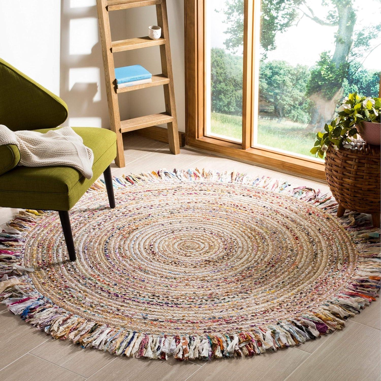 image:imageSAFAVIEH Cape Cod Collection Area Rug 9 Round Ivory amp Light Beige Handmade Boho Fringe Jute amp Cotton Ideal for High Traffic Areas in Living Room Bedroom CAP206BIvoryDenim