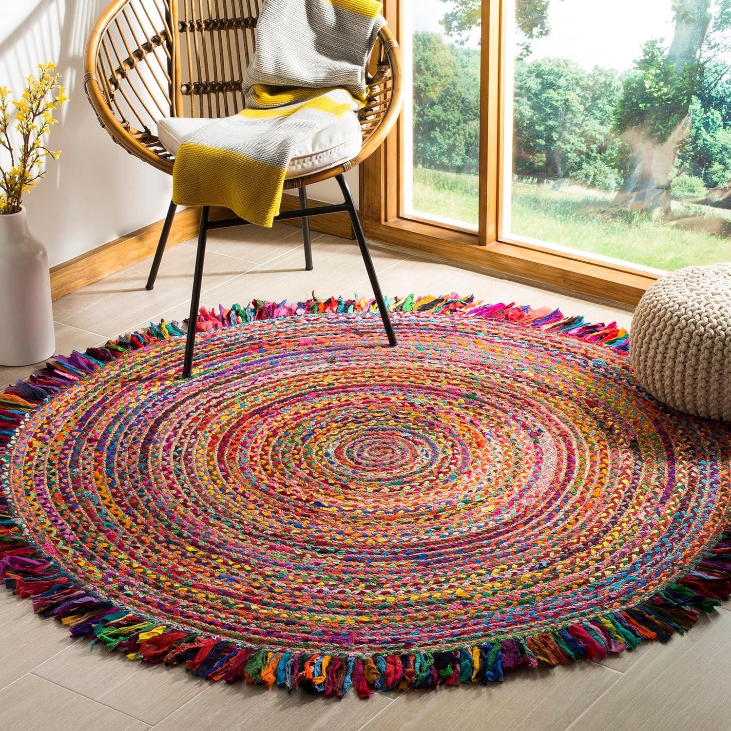 image:imageSAFAVIEH Cape Cod Collection Area Rug 9 Round Ivory amp Light Beige Handmade Boho Fringe Jute amp Cotton Ideal for High Traffic Areas in Living Room Bedroom CAP206BIvoryDenim
