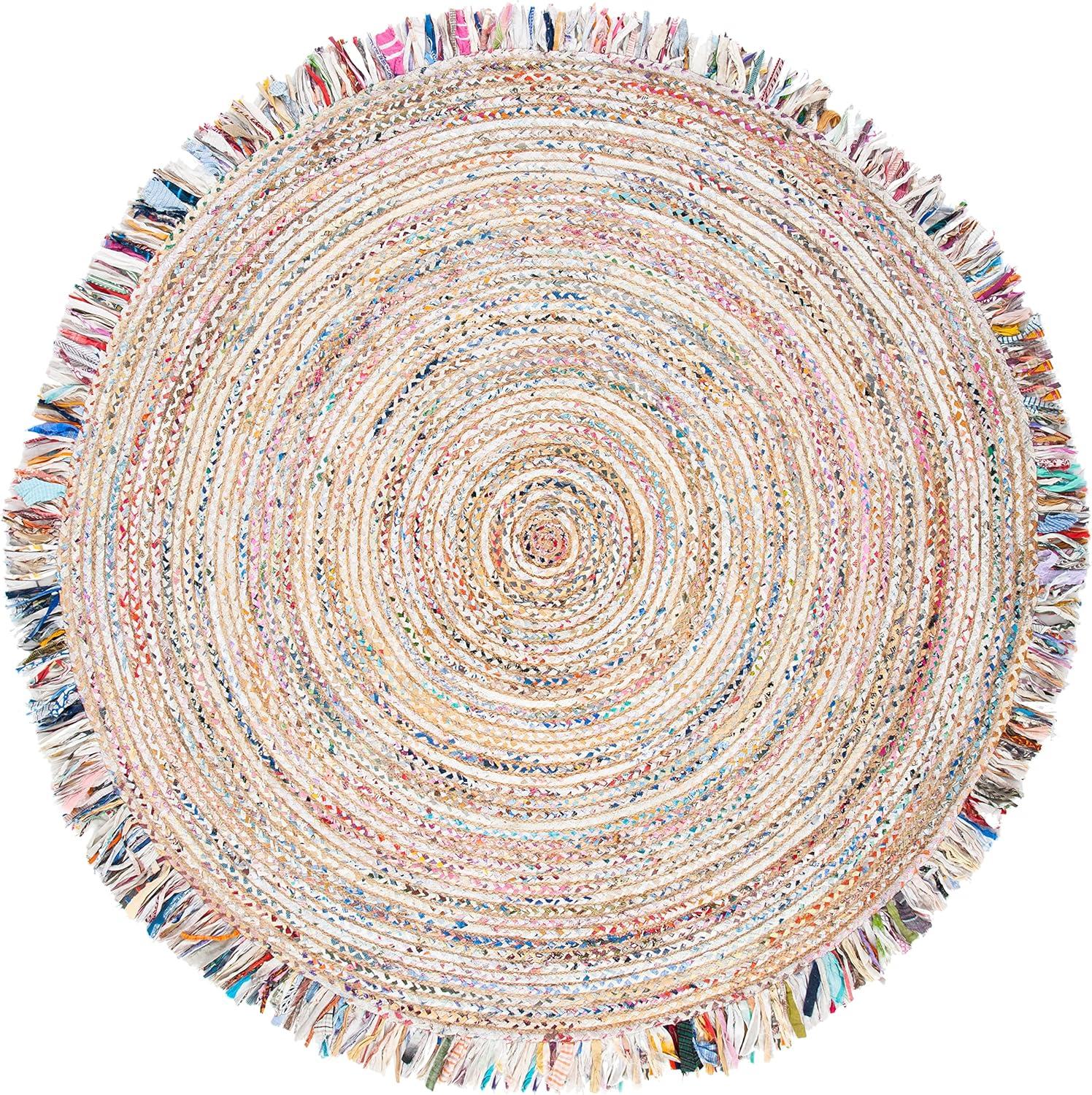 image:imageSAFAVIEH Cape Cod Collection Area Rug 9 Round Ivory amp Light Beige Handmade Boho Fringe Jute amp Cotton Ideal for High Traffic Areas in Living Room Bedroom CAP206BIvoryLight Beige