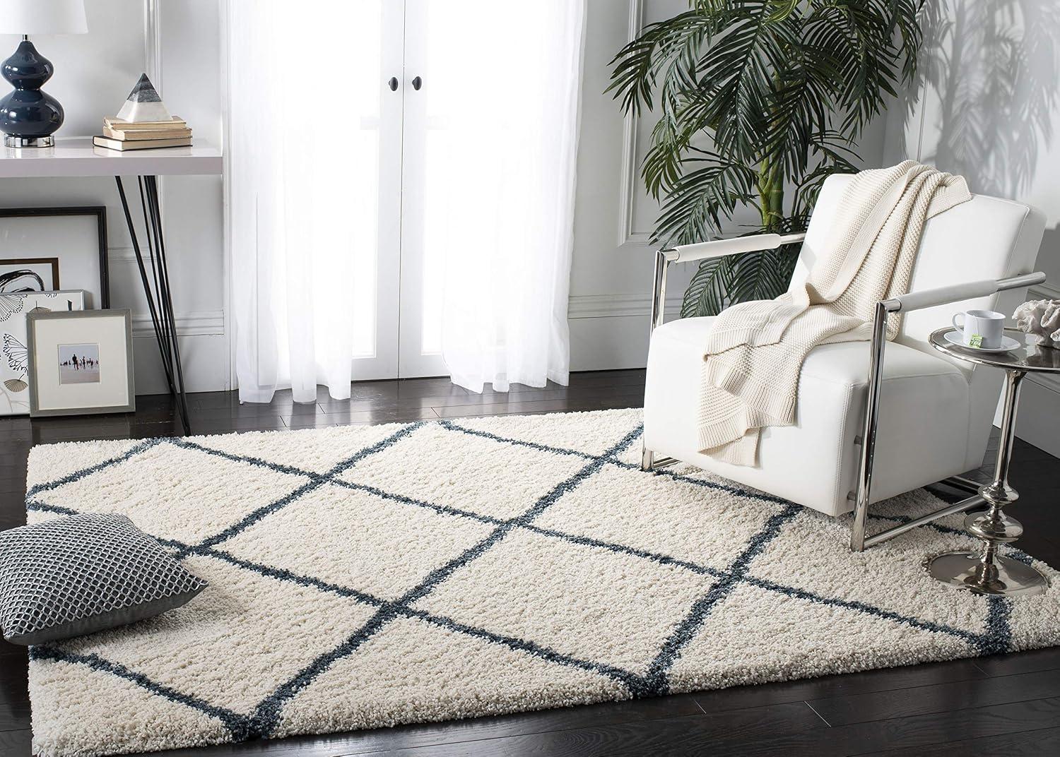 image:imageSAFAVIEH Hudson Shag Collection Area Rug 53 x 76 Ivory amp Grey Modern Trellis Design NonShedding amp Easy Care 2inch Thick Ideal for High Traffic Areas in Living Room Bedroom SGH281AIvorySteel Blue