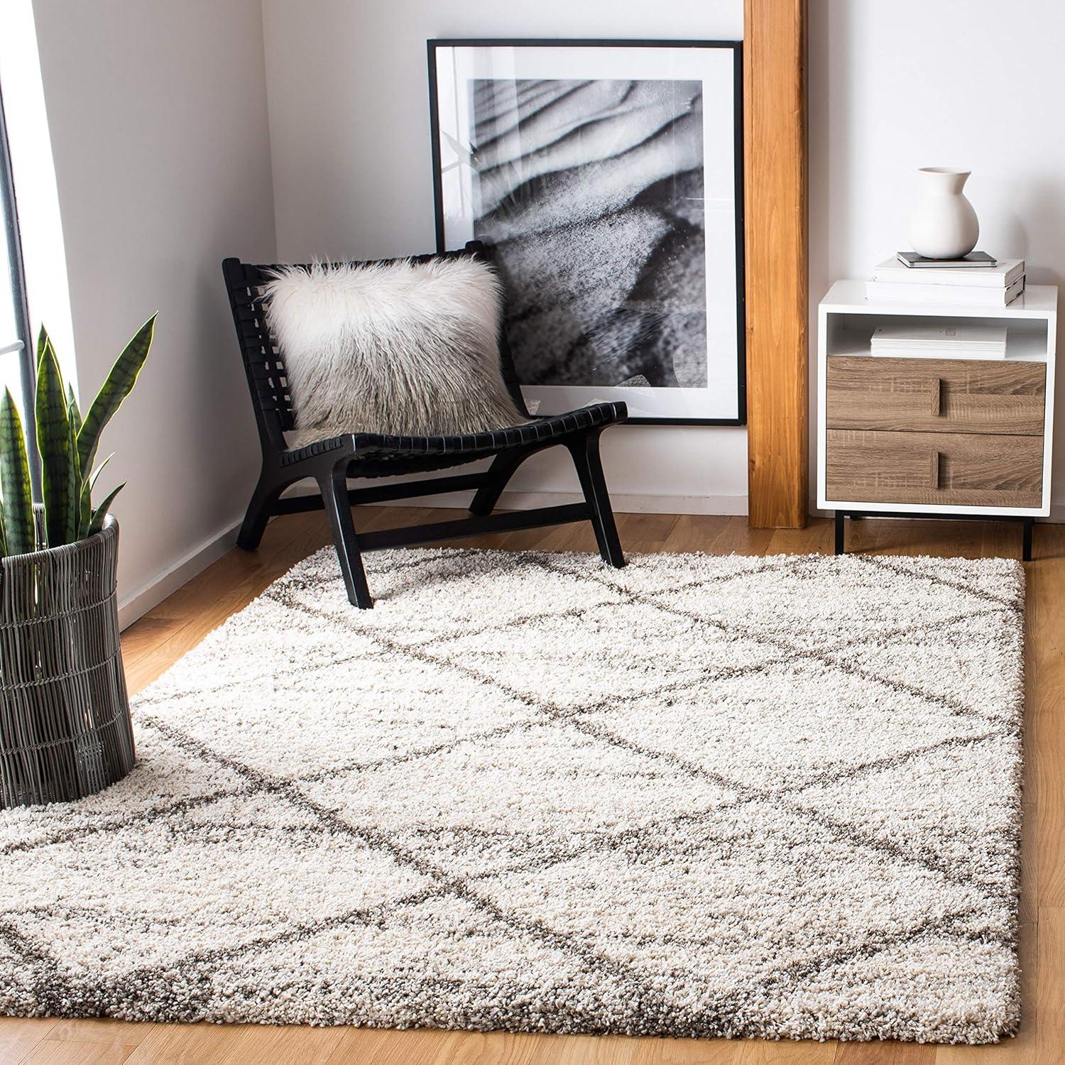 image:imageSAFAVIEH Hudson Shag Collection Area Rug 53 x 76 Ivory amp Grey Modern Trellis Design NonShedding amp Easy Care 2inch Thick Ideal for High Traffic Areas in Living Room Bedroom SGH281AGreyBeige