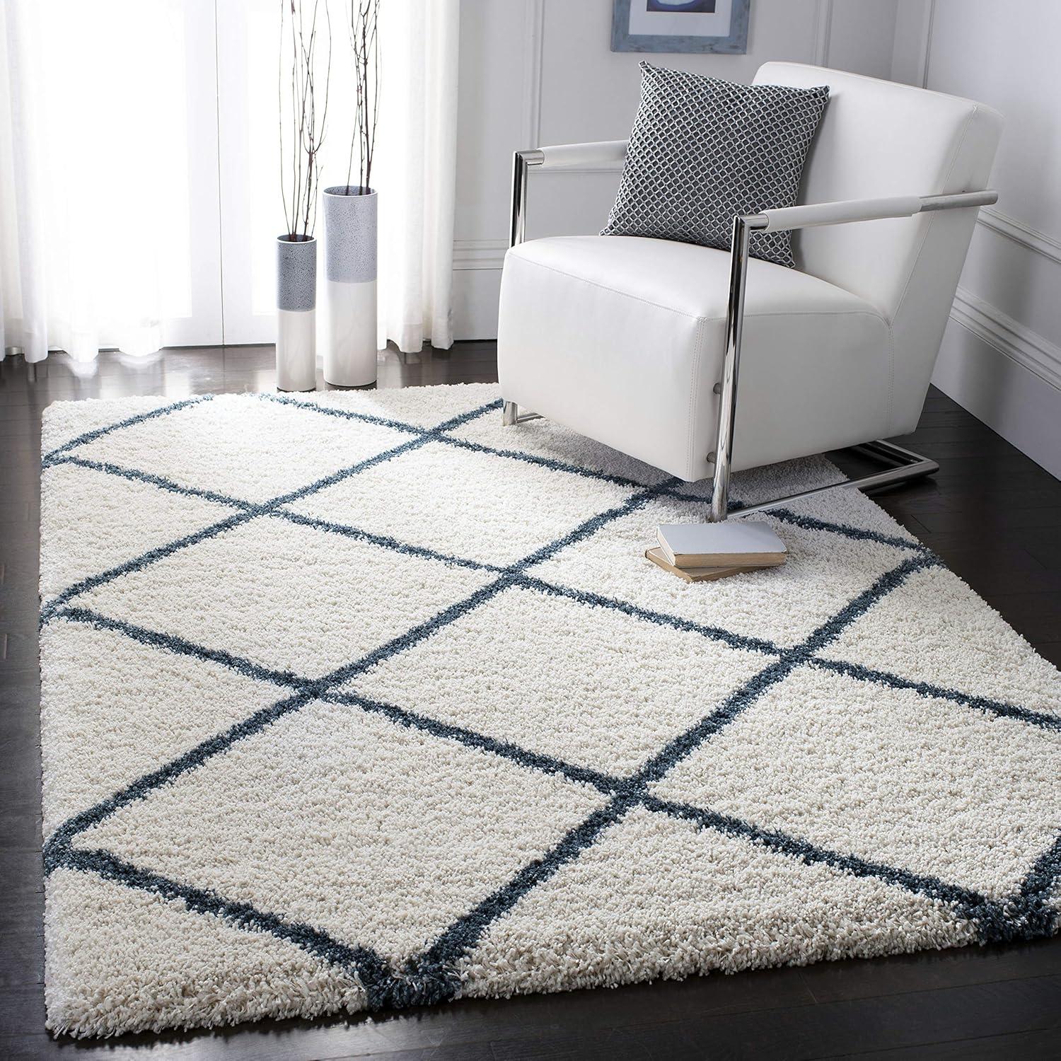 image:imageSAFAVIEH Hudson Shag Collection Area Rug 53 x 76 Ivory amp Grey Modern Trellis Design NonShedding amp Easy Care 2inch Thick Ideal for High Traffic Areas in Living Room Bedroom SGH281AIvorySteel Blue